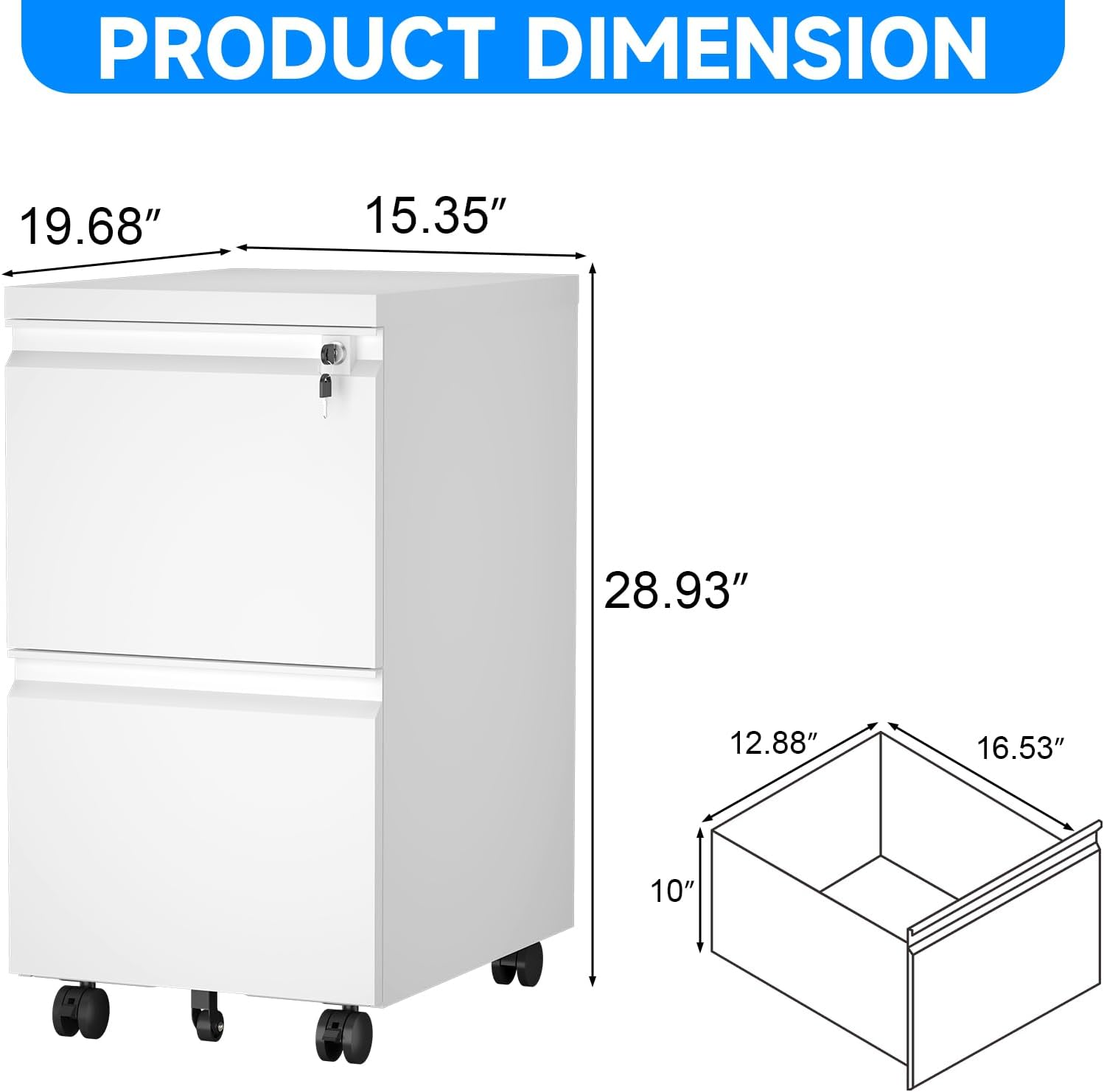 2 Drawer File Cabinet with Lock, Metal Mobile Filing Cabinet on Wheels, Compact Desk Side Storage Cabinet for Home Office, Letter/Legal/A4 File Organizer with Anti-Tip Wheel (White)