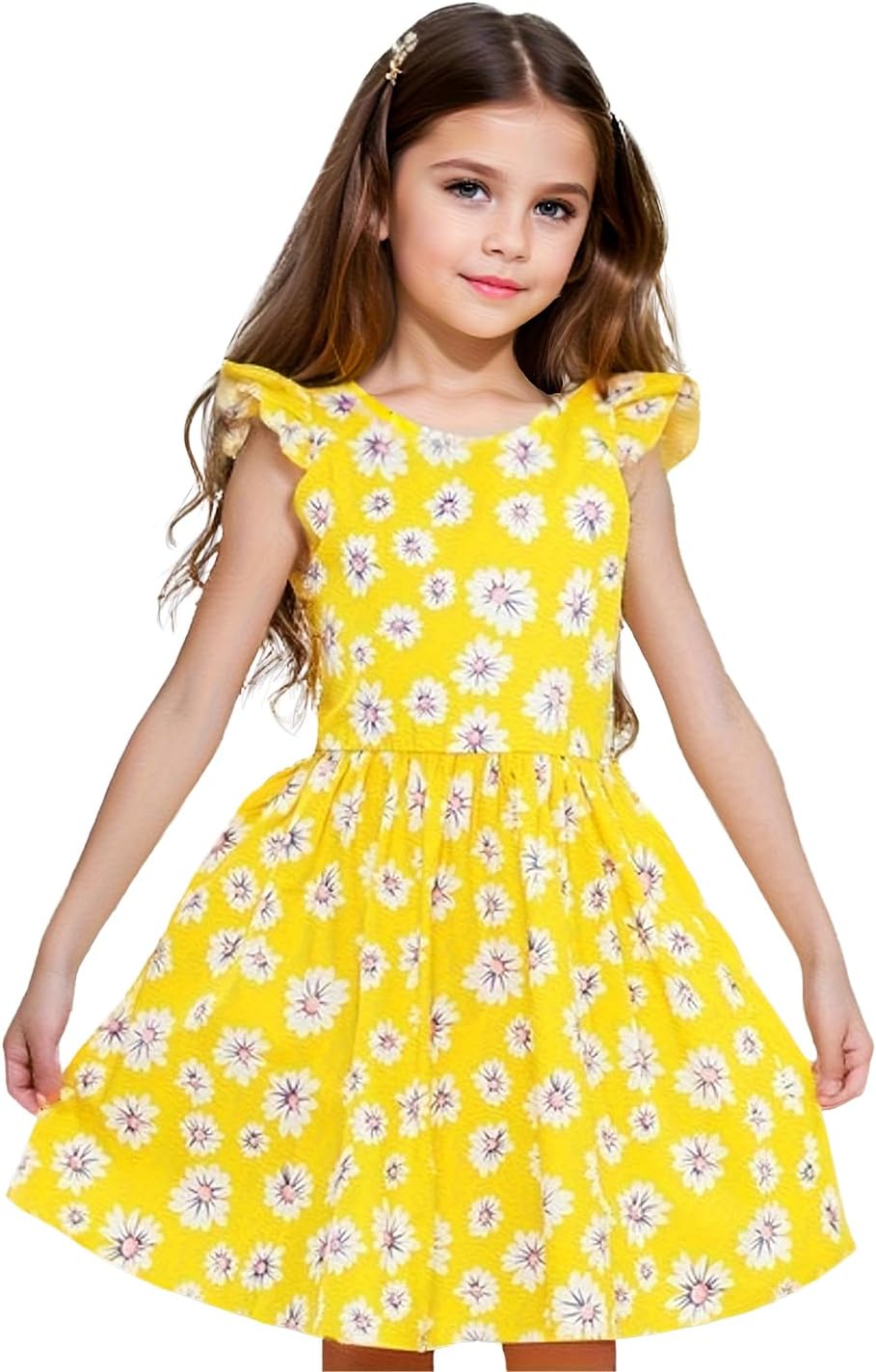 NNJXD Floral Girl Printed Dress Ruffles Sleeve Tie Back Summer Casual Sundress Toddler Kids Clothes