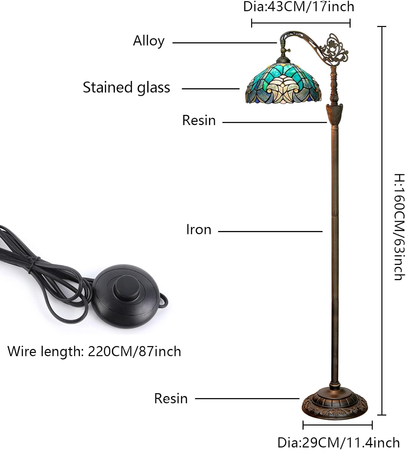 Tiffany Floor Lamp Vintage Standing Lamp Green Stained Glass Floor Light Rustic Corner Gooseneck Floor Lamp with Adjustable Angle for Home Decor Living Room Bedroom 12X12X63 Inches