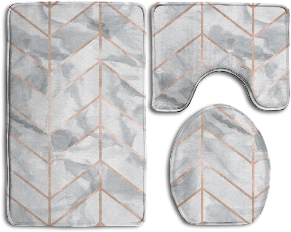 Soft Toilet Rug 3 Pieces Set,Carrera Marble Herringbone Rose Gold Gilt Design, Non Slip Bathroom Rugs, U-Shaped Toilet Mat, Toilet Lid Cover