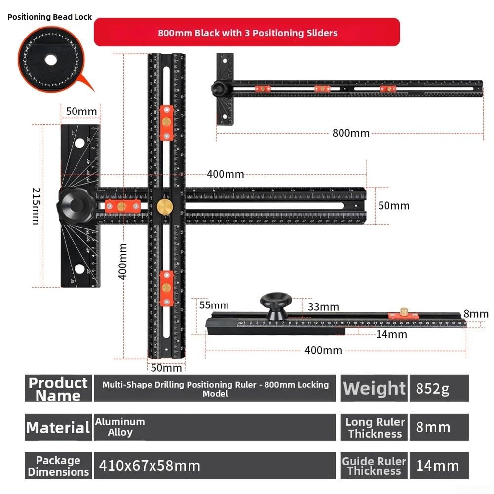 Righello di precisione multifunzione con squadratura a T e punzone con blocco a sfera in acciaio, strumento di misurazione regolabile da 35 cm a 75 cm (B)