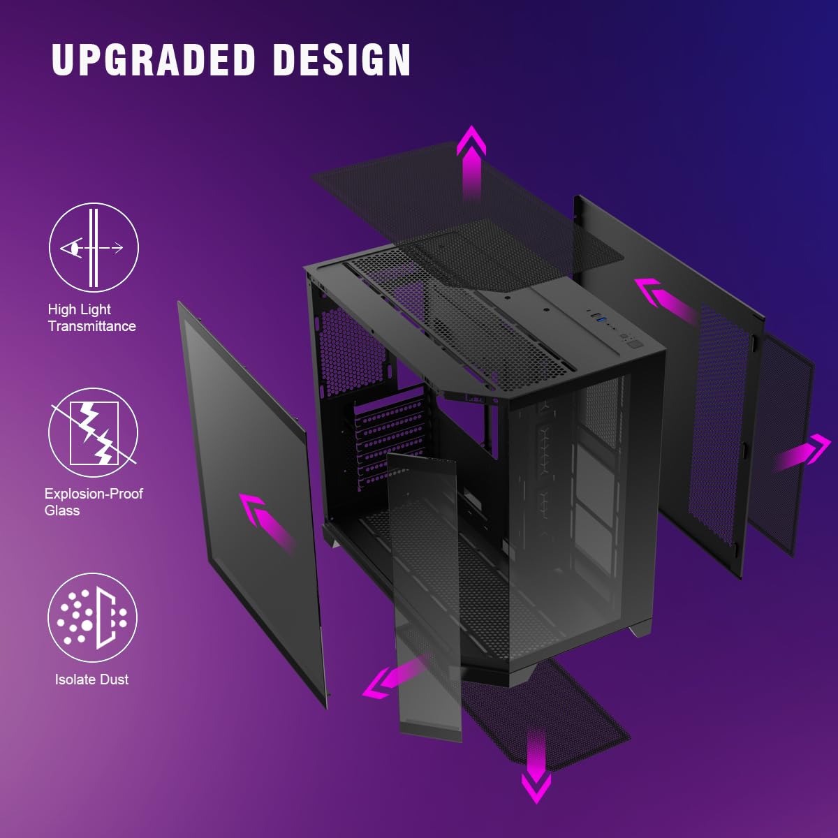 RUIX OV303 ATX Mid-Tower PC Case, wstępnie zainstalowane wentylatory pryzmatyczne ARGB PWM 4 x 120 mm, porty USB 3.0 i typu C, obudowa komputera o wysokim przepływie powietrza (czarna)