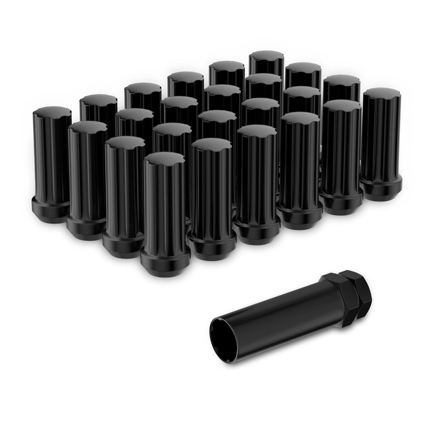 Richeer M14x1.5 Lug Nuts for Silverado Suburban Sierra 1500 Escalade Tahoe Traverse Yukon, 24pcs 14x1.5 Black Lug Nuts Long Extended XL 7 Spline with Socket Key for 6 Lug Aftermarket Wheels