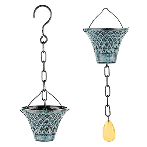 Miniatura 2 de Cadenas de lluvia para canaletas, desviador de atrapador de lluvia de metal, color negro, tazas de lluvia para aleros de drenaje de 8.5 pies