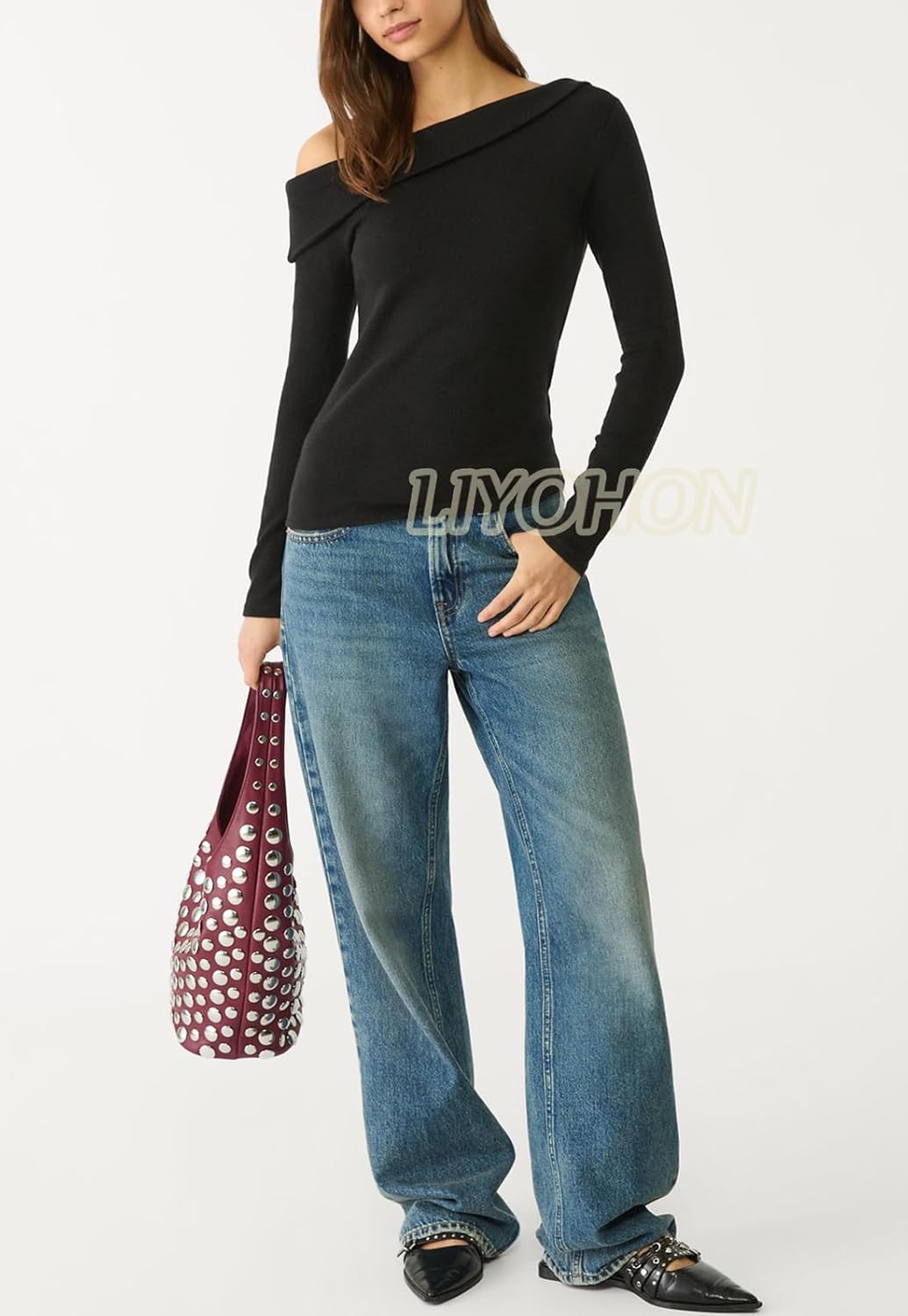 LIYOHON Women's Off The Shoulder Top Long Sleeve Shirts Sexy Slim Blouses Date Night Going Out One Shoulder Tops - Image 2