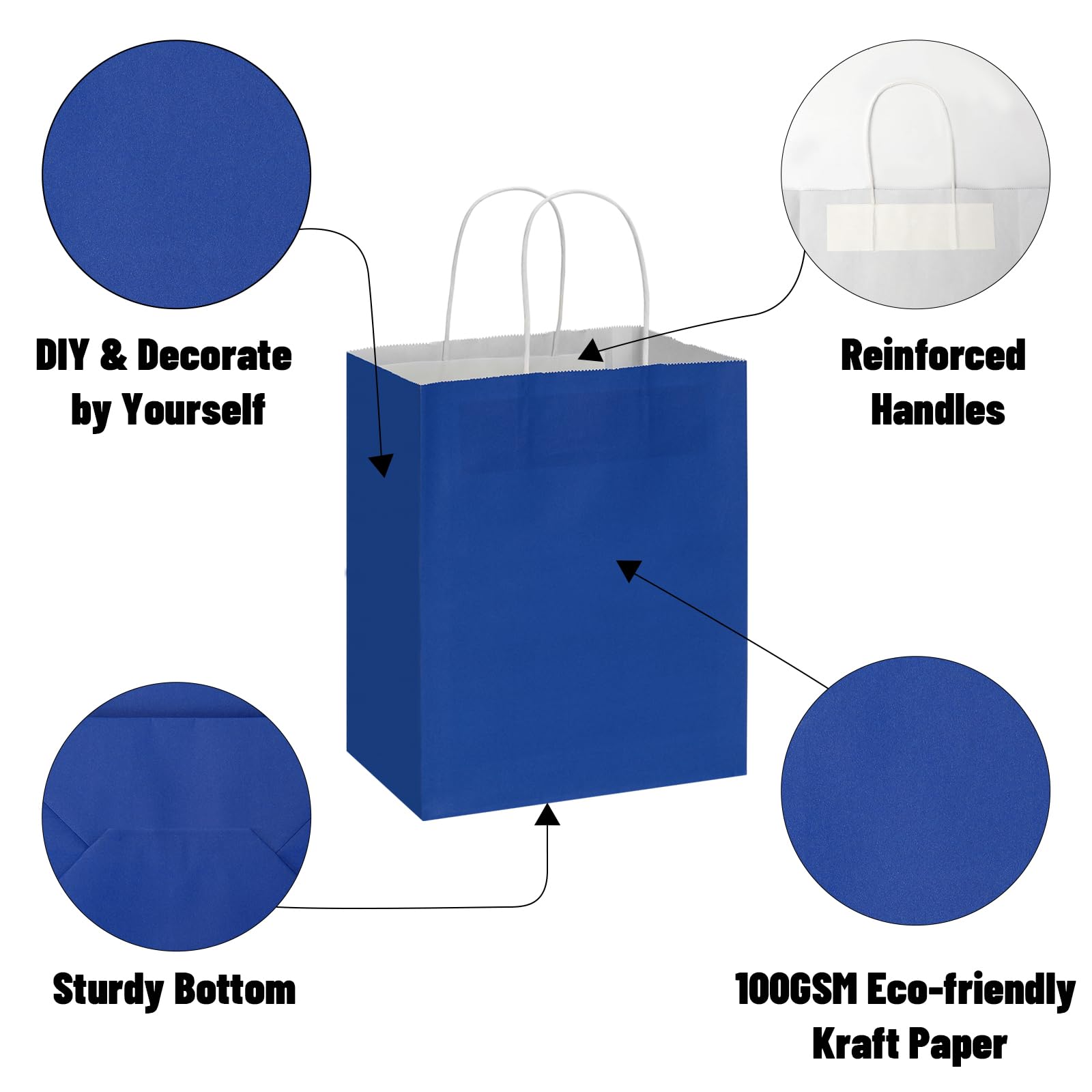 Toovip 50 Pack 8x4.75x10 Inch Medium Royal Blue Kraft Paper Bags with Handles Bulk, Gift Wrap Bags for Favor Grocery Retail Party Birthday Shopping Business Goody Craft Merchandise Take Out sacks