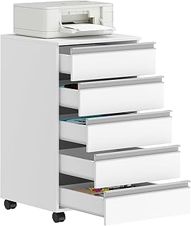 Hzuaneri Cómoda de secretária com 5 gavetas, rodas, arquivador móvel, para escritório, estúdio, branco FC5503X The Forest Stewardship Council