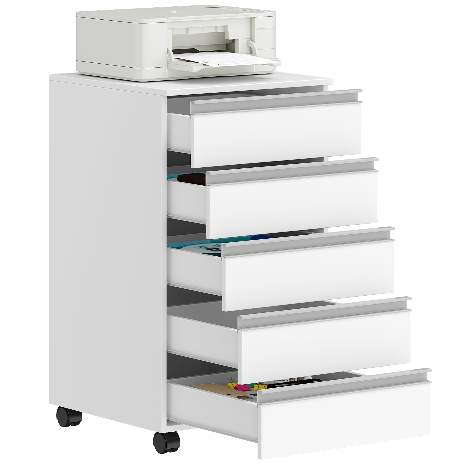 Hzuaneri Rollcontainer, mobiler Aktenschrank, Schubladenschrank mit 5 Schubladen, Lagerschrank für Büro und Homeoffice, Weiß 40 x 40 x 70 cm FC55503X