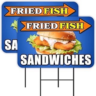 Fried Fish Sandwiches 2 Pack Double-Sided Yard Signs 16" x 24" with Metal Stakes (Made in Texas)
