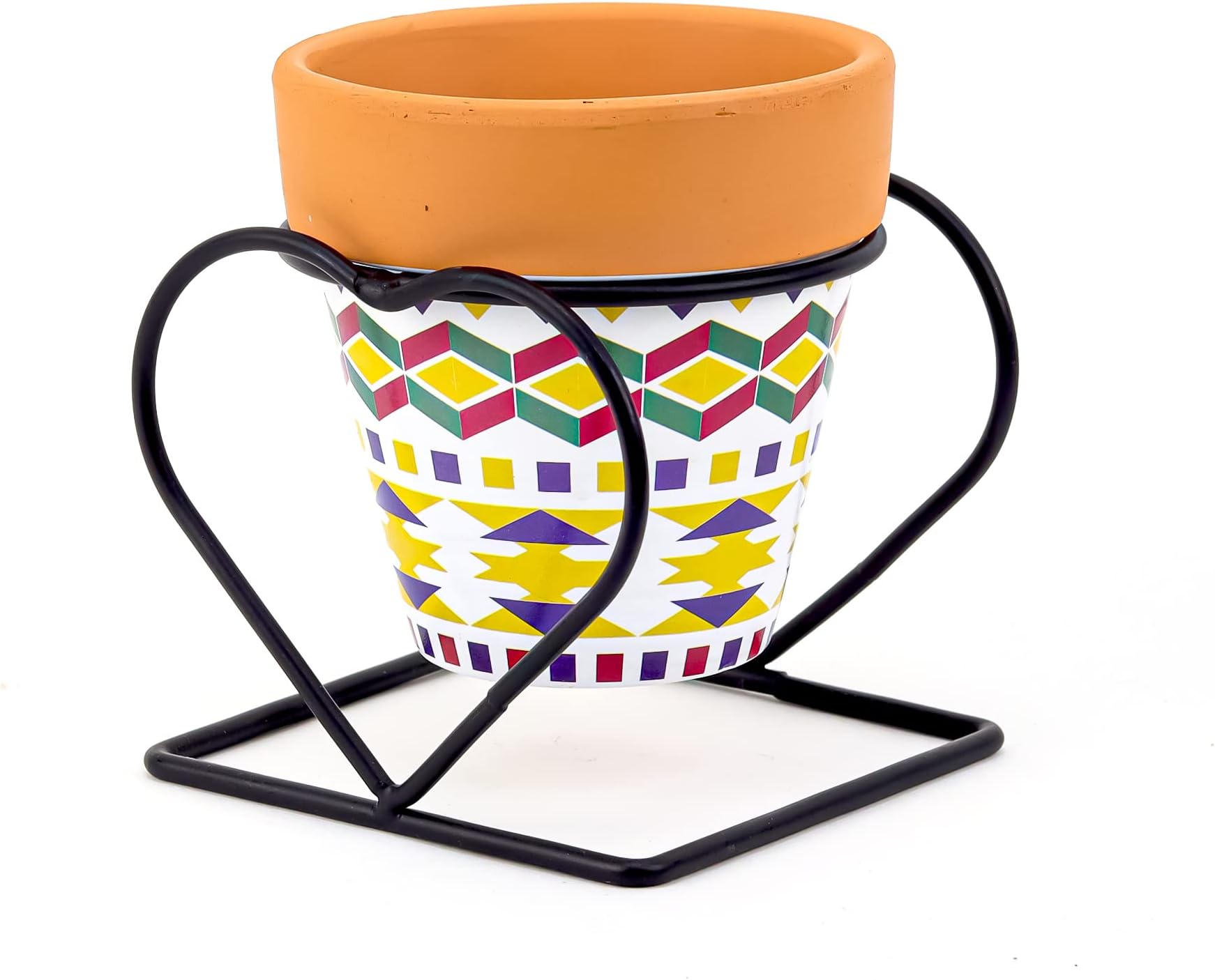 Handcrafted Clay Flower Pot with Metal Stand in Lovely Heart Shape, Mini Planter Handmade Pottery Mud Planting Pots with Chinese Texture Multicolor for Indoor Outdoor Home Decor & Gift Terra Cotta