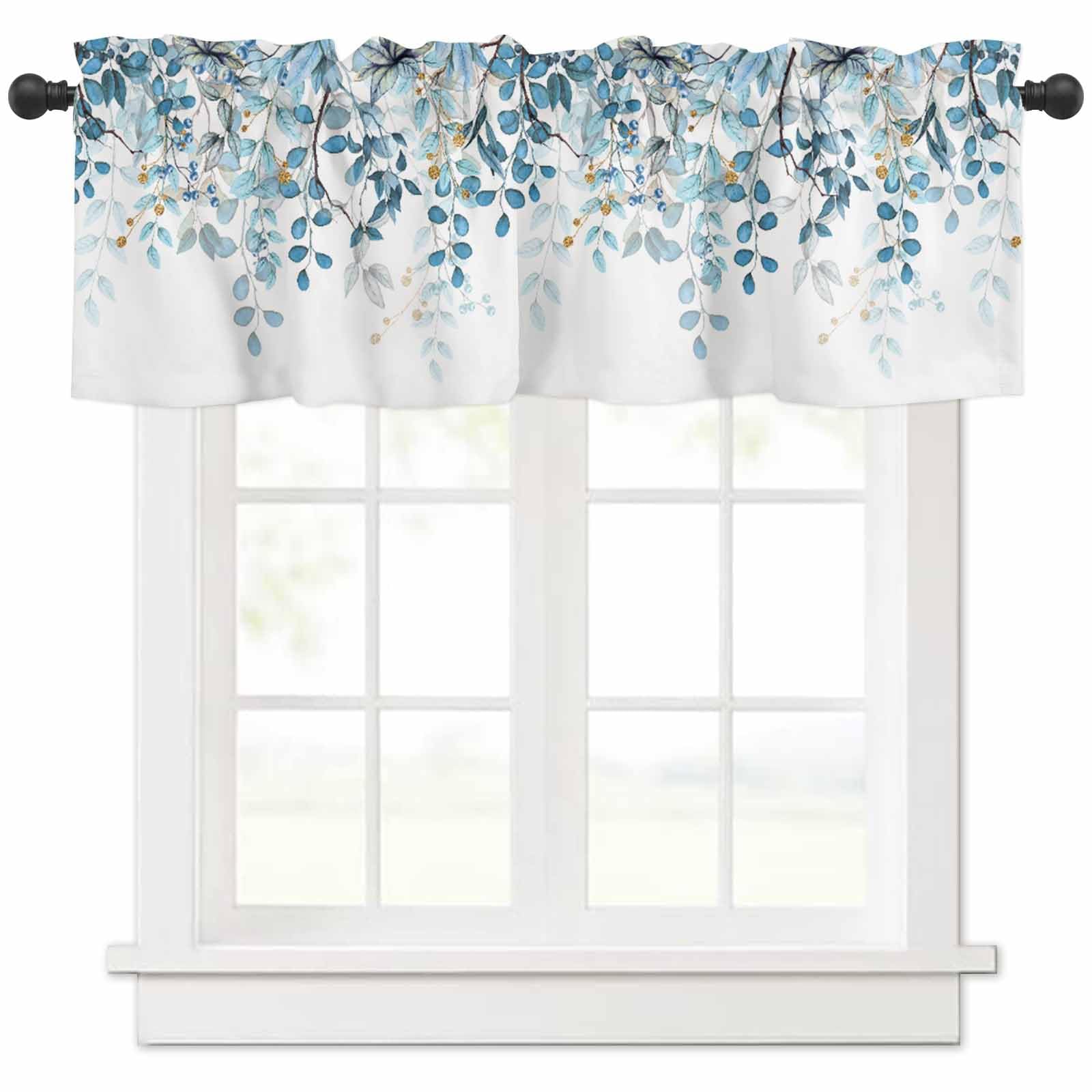 Hokiten Blue Eucalyptus Valances for Windows, Elegant Leaves Valance Curtains, Blue Window Treatment for Kitchen, Bathroom, Bedroom, Summer Spring Rod