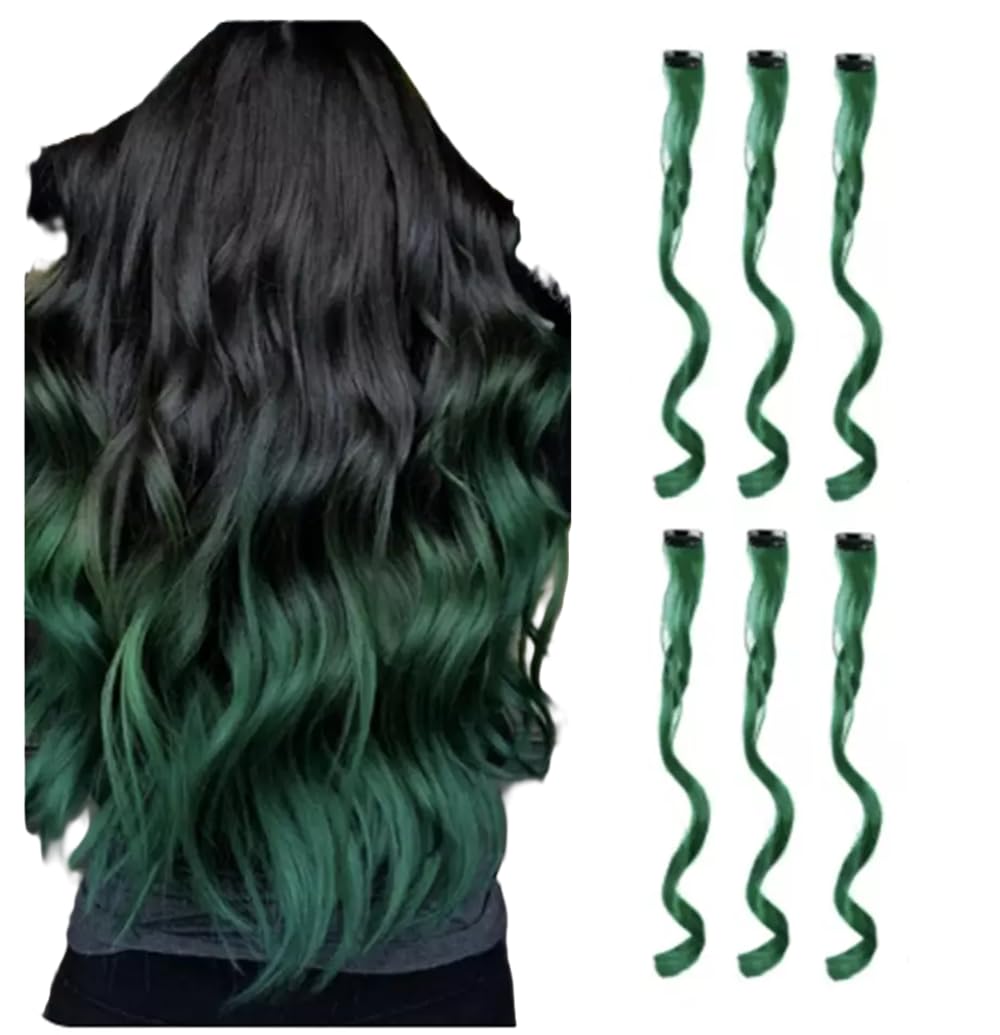 Clip In Curly Hair Extension Highlights, Hair Streaks, Long Curly Hair Highlights (Dark Green x 6), 10 g (Pack of 1)