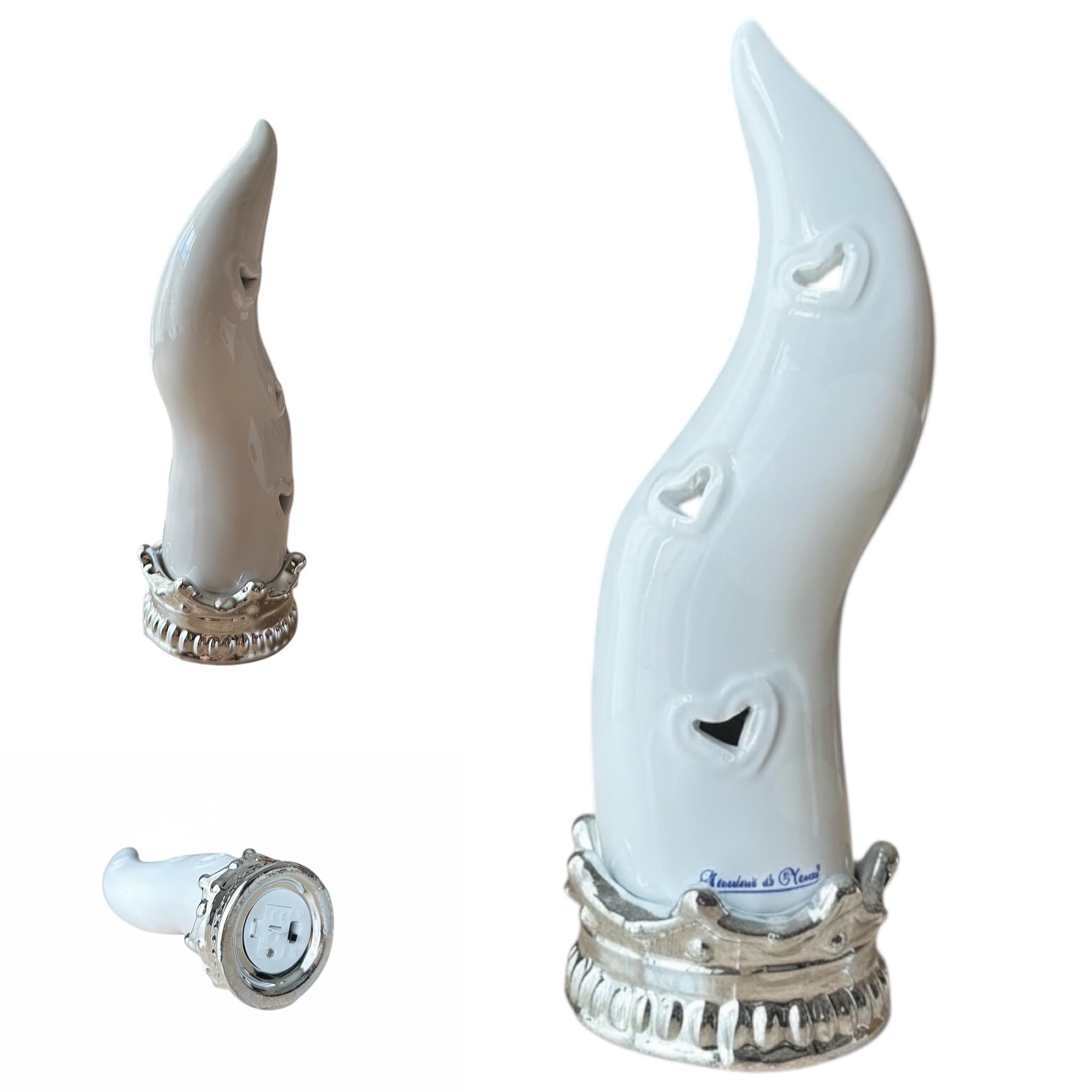 GMM Corno Decorativo in Ceramica, Bianco e Argento, 18 cm, con Cuori in Rilievo (Bianco_Argento)