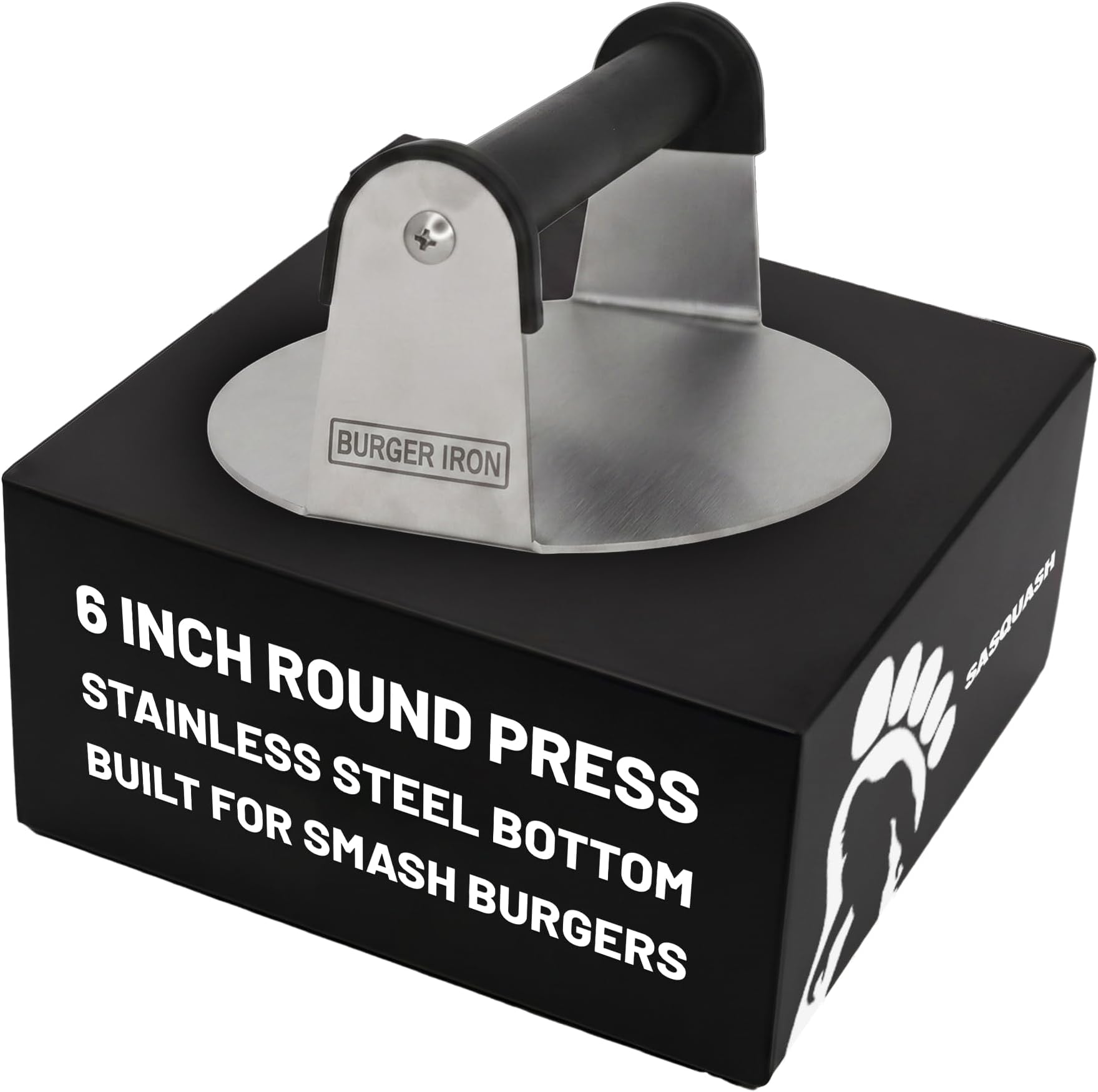Sasquash Smash Burger Press, Heavy Duty Welded Meat Press Round, 6 Inch Stainless Steel, Flat Handle Hamburger Smasher Tool for Grill, Skillet, Cast Iron Cooking, Kitchen Accessories