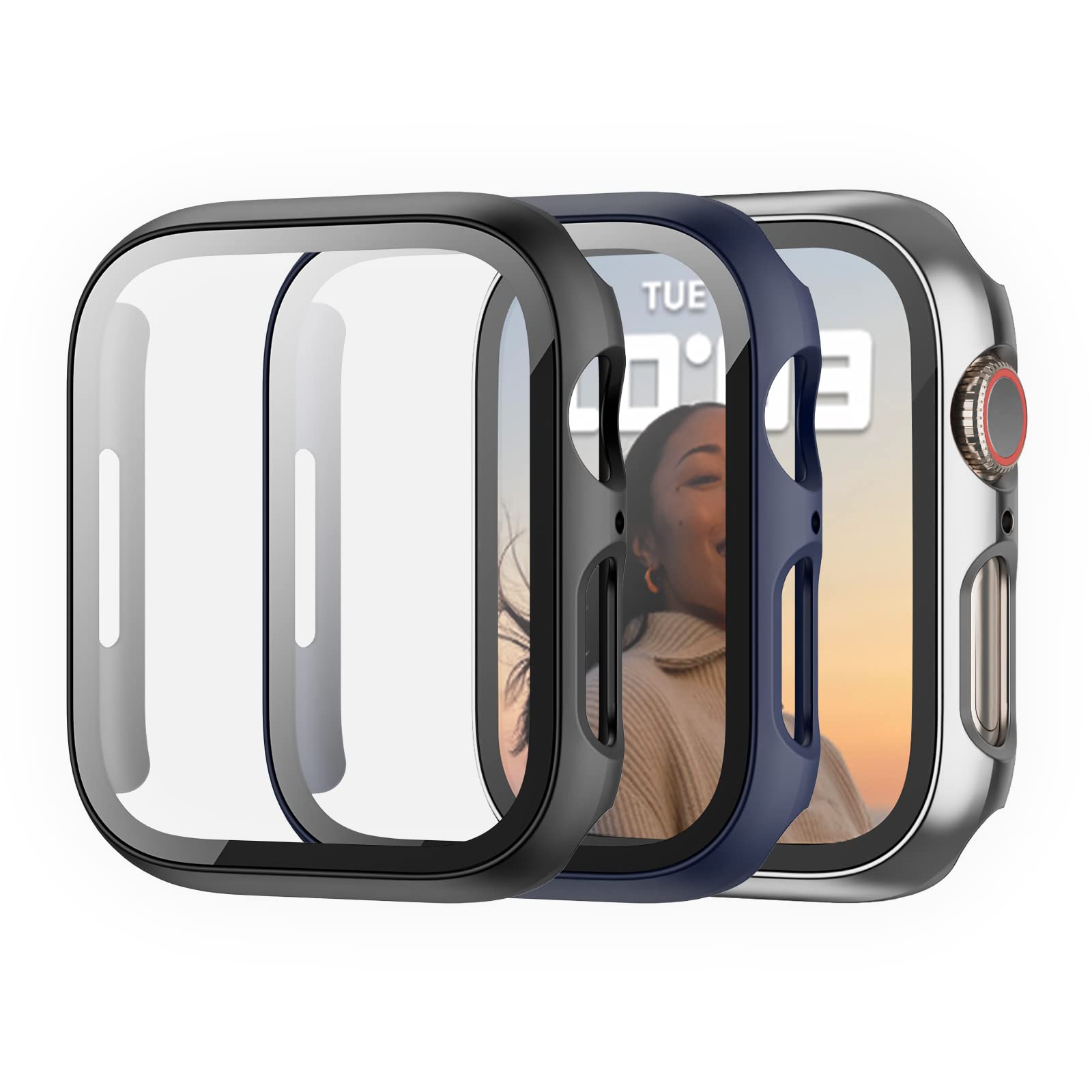 Cuteey 3 Pack Compatible for Apple Watch Series 9 8 Series 7 45mm Screen Protector Case, All Round Full Protective PC Cover Bumper for iWatch 8 7 45mm Accessories Black+Blue+Silver