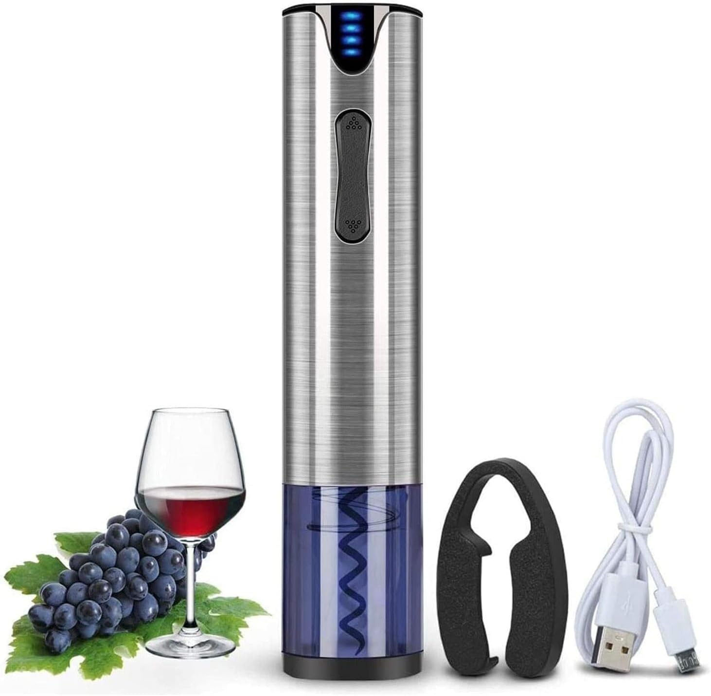 Portable Electric Wine Opener Automatic Stainless Steel Bottle Corkscrew Rechargeable with Foil Cutter and USB Cable, Silver