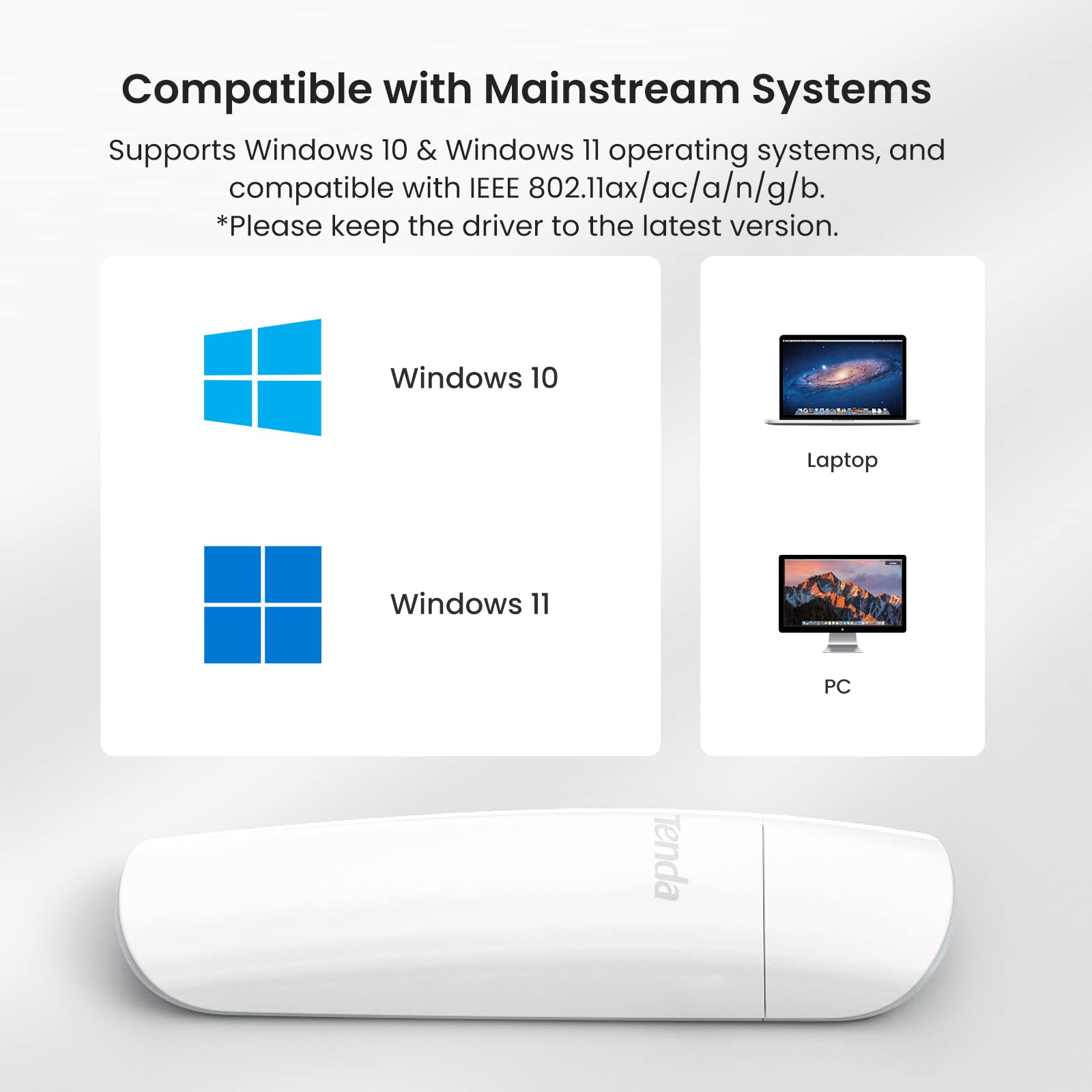 Tenda AX1800 Wi-Fi 6 Dongle – adapter Wi-Fi USB 3.0 – dwuzakresowy MU-MIMO 1800 Mb/s do komputerów stacjonarnych/laptopów – obsługuje tylko Windows 11 i 10 (U18)