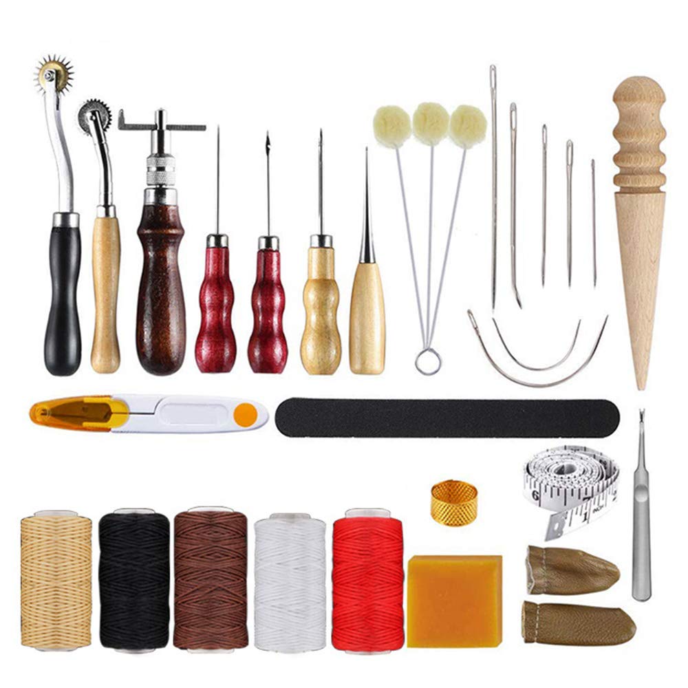 Leather Tool Kit Benkeg 30pcs Leather Tool Kit Leather Working Tools Basic Leather Sewing Repair Kit Hand Sewing Needles Awl for Leather Shoes Bag Belt Repairing Stitching