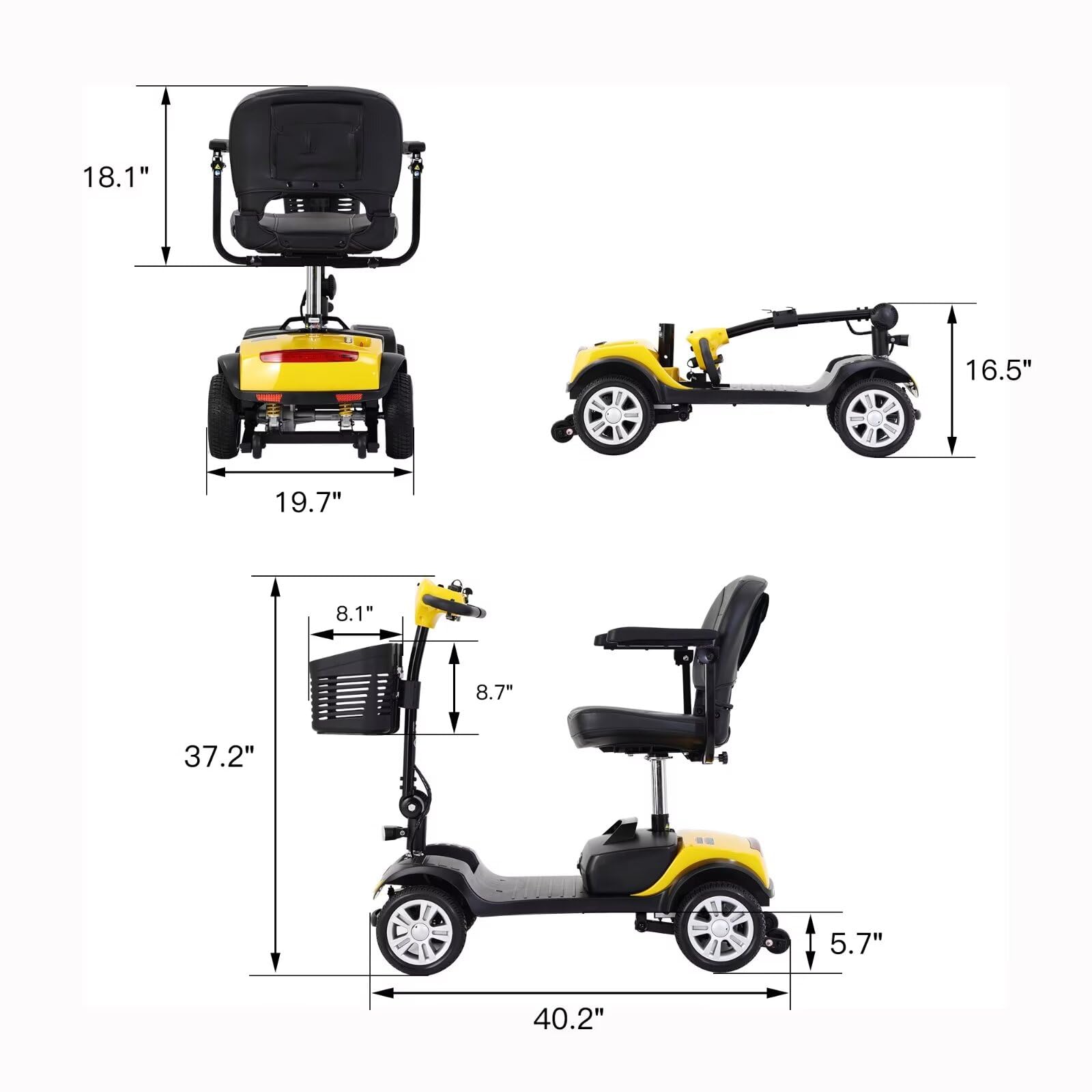 4 Wheel Compact Mobility Scooter 400 lb Capacity, Foldable Electric Scooter for Seniors and Adults, Heavy Duty Travel Model with Lights, Basket, and Long-Lasting Battery -Yellow