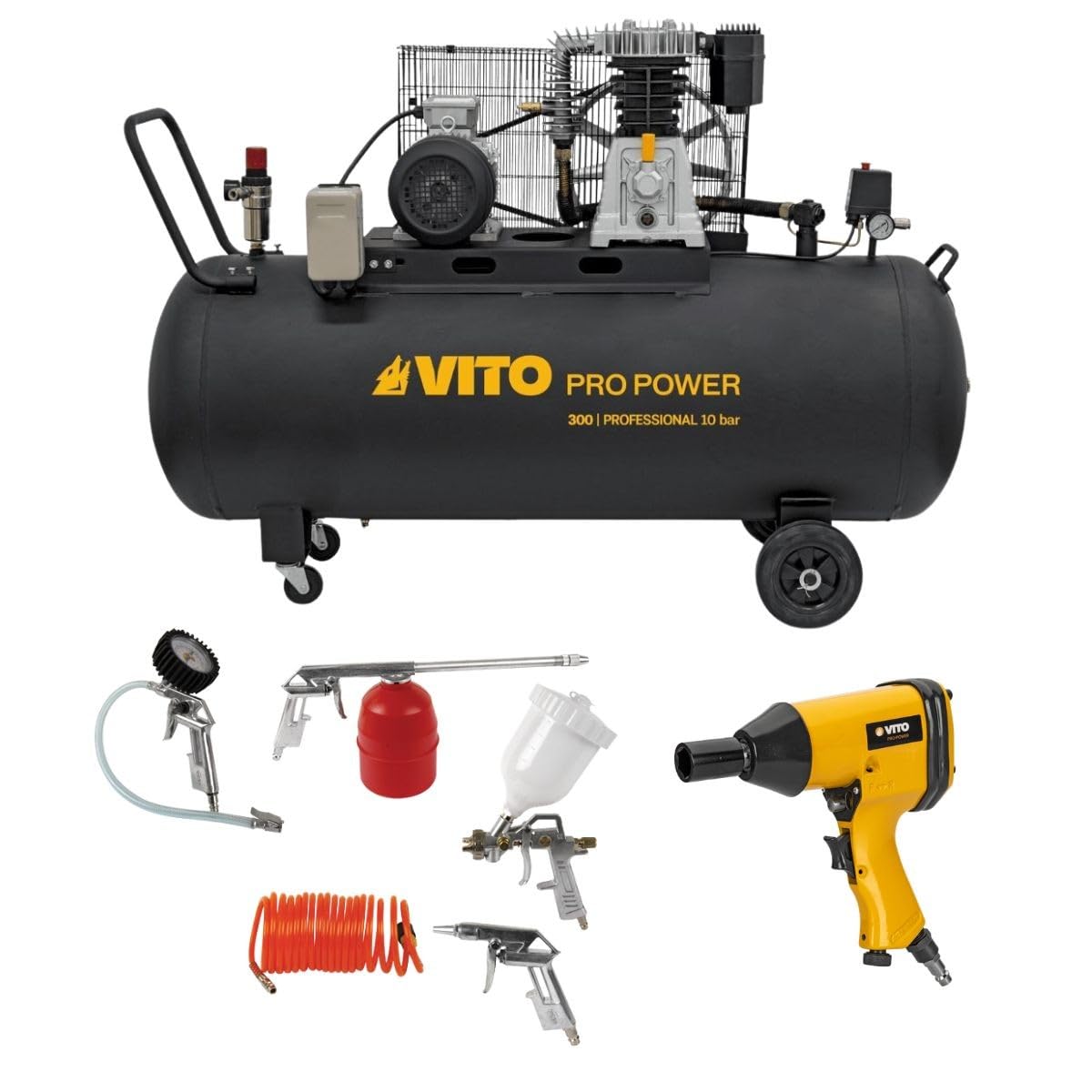 VITO - Compressore d'aria 300 l 10 bar 500 l /min + Chiave pneumatica 310 nm + Strumenti di gonfiaggio soffiaggio pittura garage officina