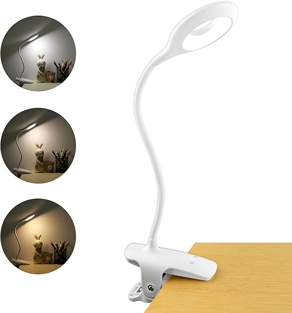 3W Rechargeable LED Clamp Desk Lamp Flexible, 3 Colour & 3 Brightness, Touch Control Bedside Lamp Dimmable, Wireless Battery Operated LED Book Reading Light Clip on Bed for Kids, White