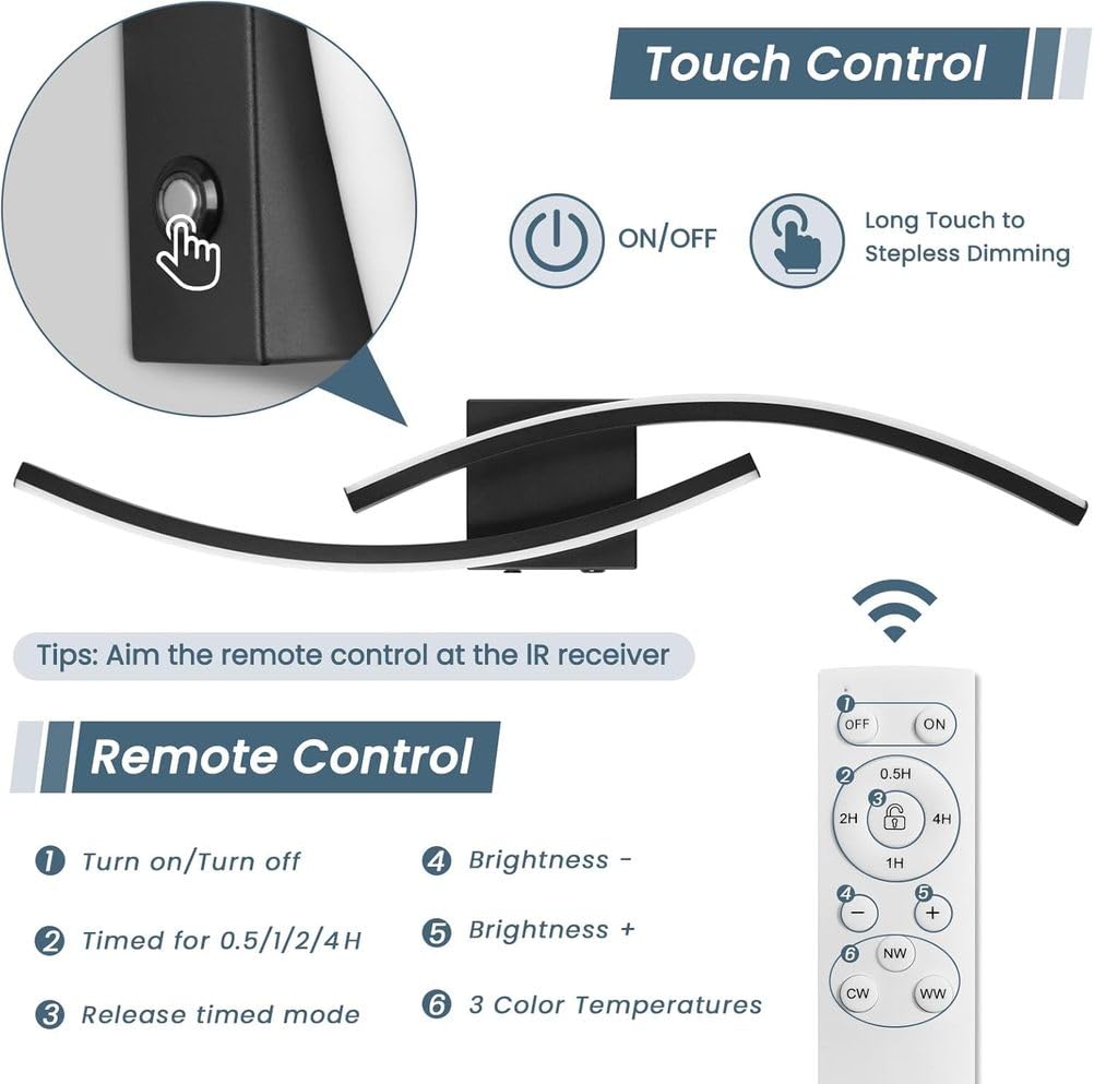 Lampada da Parete Senza Collegamento alla Rete elettrica con Telecomando, LED Ricaricabile Tramite USB, Wireless, Touch, dimmerabile, Batteria da 6000 mAh, Timer di Ricarica, Illum