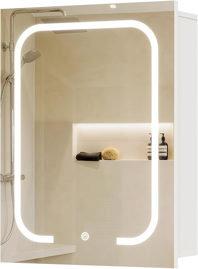 Botiquín de baño con espejo y luz LED, almacenamiento miniatura 9