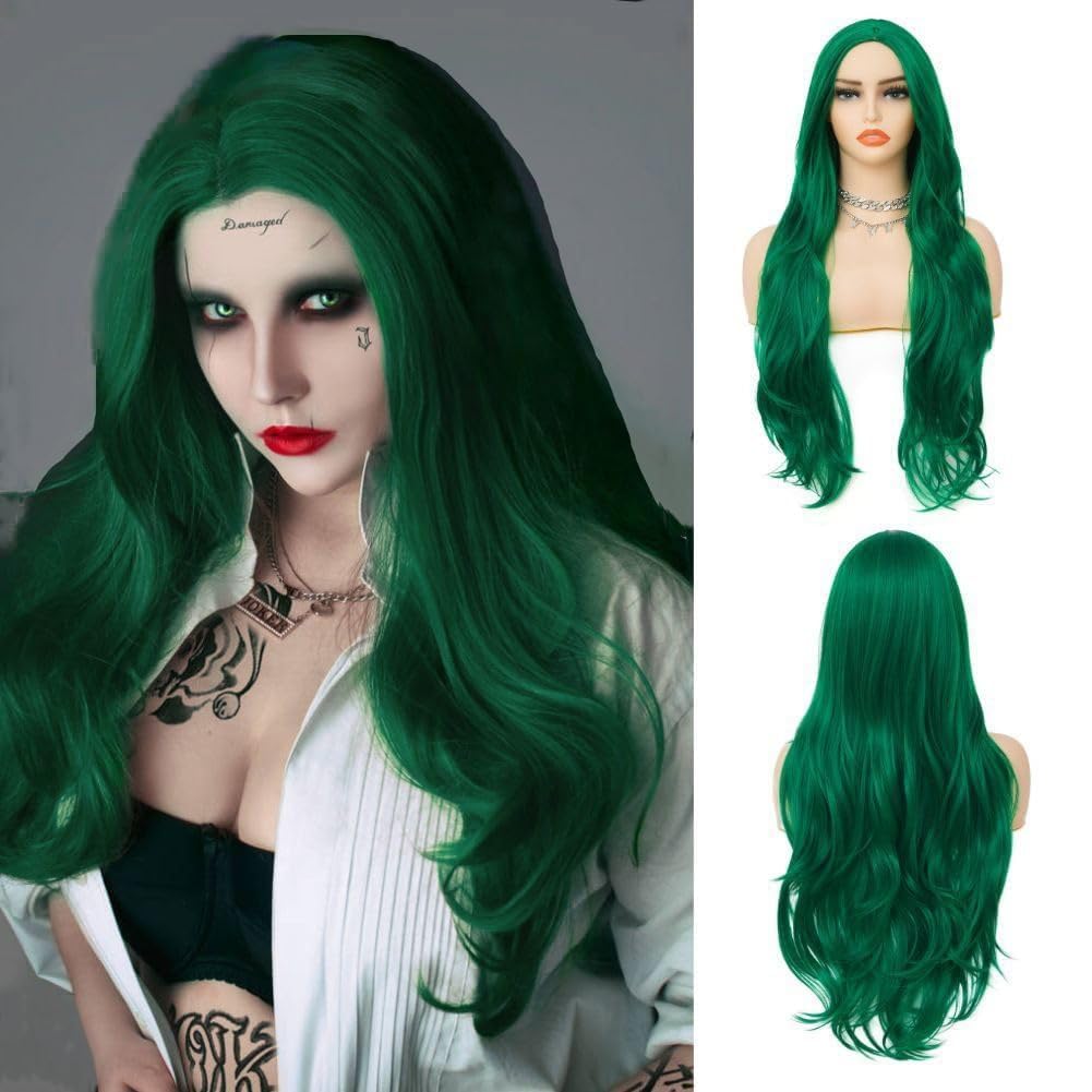 Salaibs Green Long Curly Wigs for Women Middle Part Wavy Cosplay Wig Synthetic Heat Resistant Hair Wig for Halloween Costume Party Use