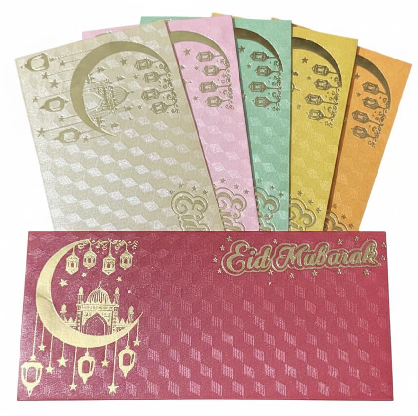 Pack of 25 Matellic 5 Colours of 5 Each Randomly Picked Colourful Designer Shagun Lifafa/Money Gift Envelope with Golden Eid Mubarak for Gifting Money on any occasion