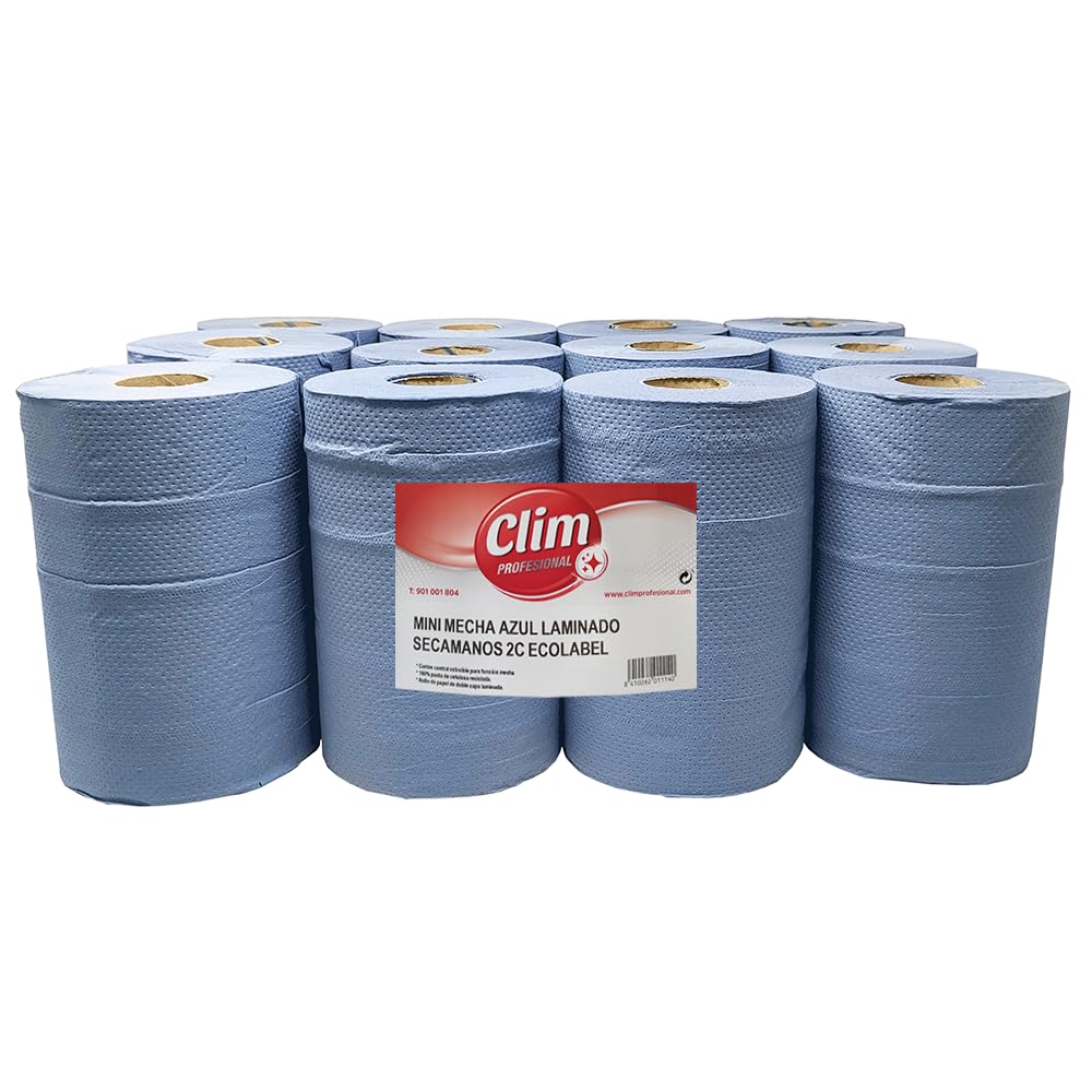 Clim Profesional 12 Rollos Papel Secamanos Mini Mecha Azul | 12 Rollos de Celulosa Reciclada | Extra Absorbente y Resistente | Ideal para Uso Profesional y Doméstico