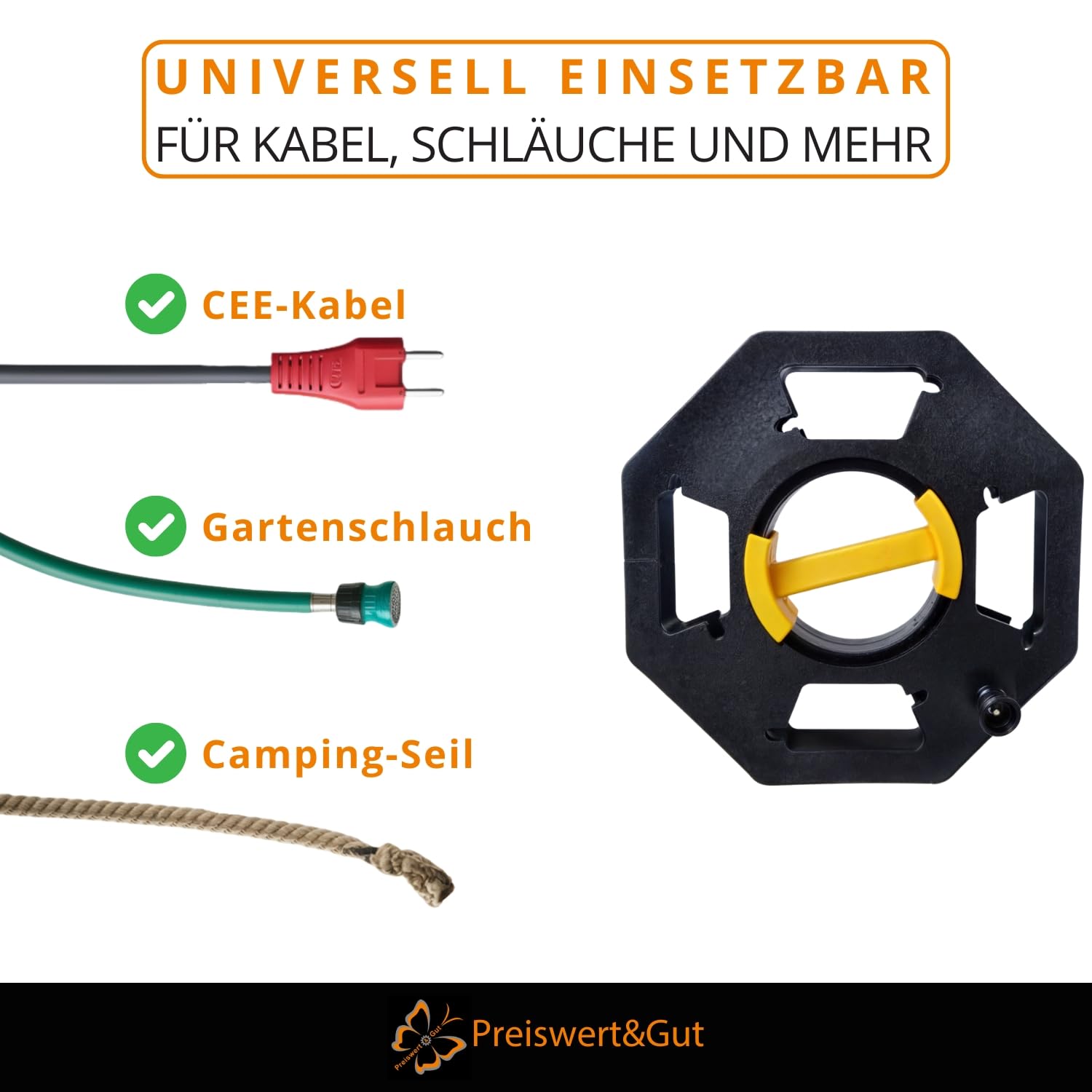 Preiswert&Gut 2x Kabeltrommel leer Set mit Drehknopf - Kabelaufroller und Schlauchtrommel für CEE Kabel Gartenschlauch Seil - Innenachse 13,2 cm Kunststoff schwarz gelb