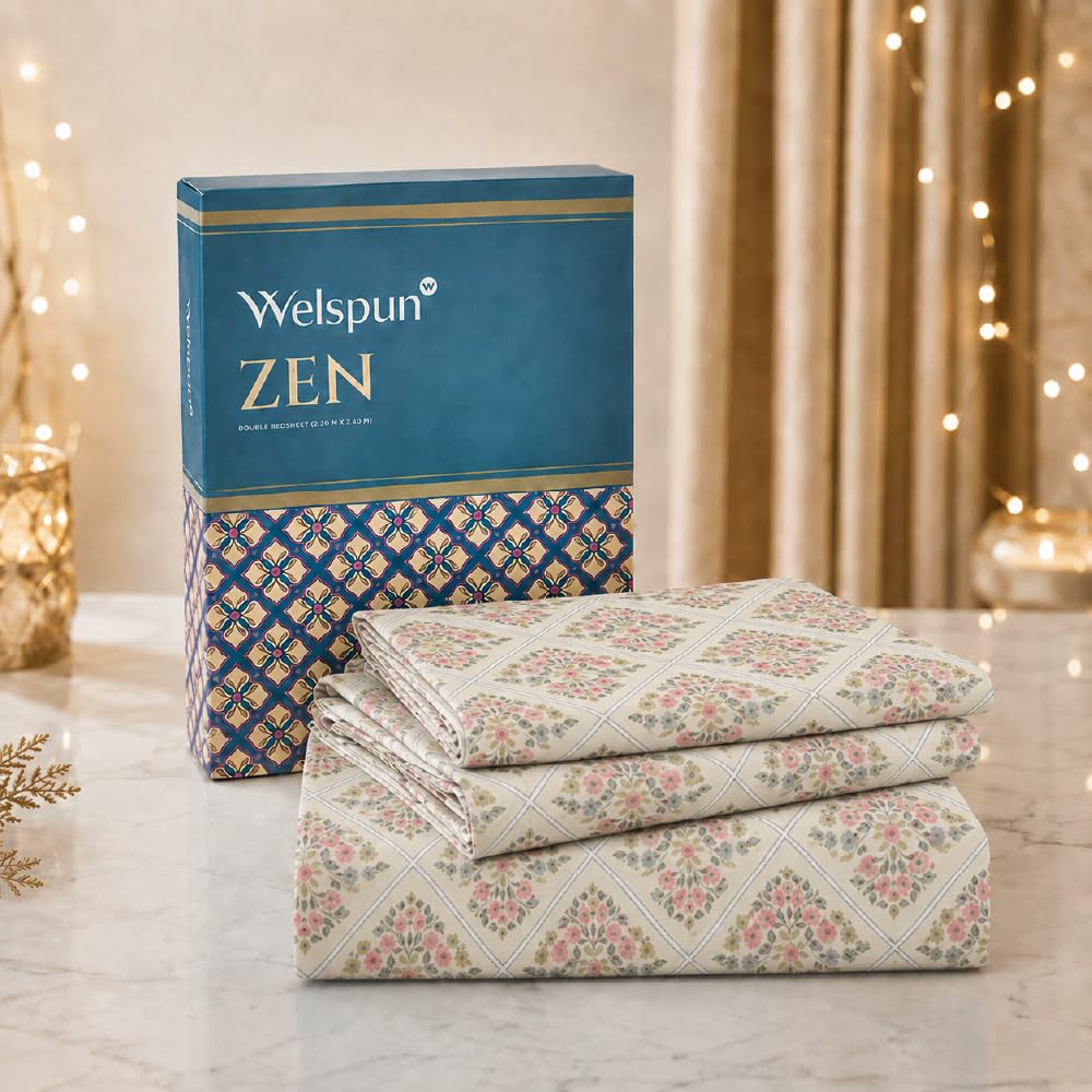 welspun zen microfiber floral double bedsheet with 2 pillow covers | percale bed sheet | skin safe, breathable & easy care bedding set | gift set | beige | 220 x 240 cm
