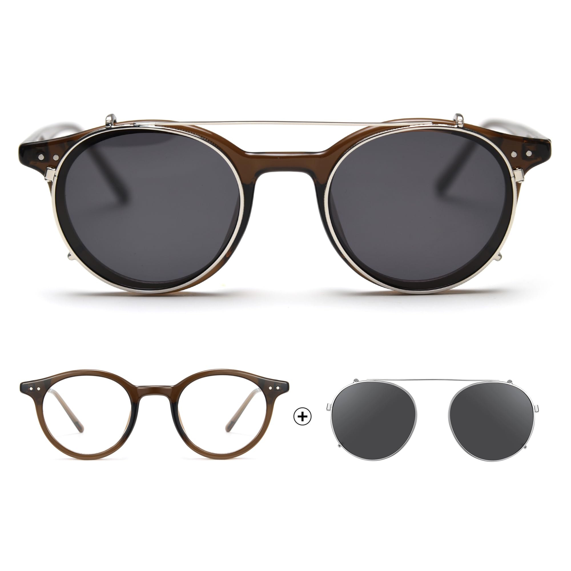 Cyxus Occhiali da sole per uomo e donna con clip polarizzate rotonde design a doppia lente 2 in 1 occhiali da sole retrò UV400 P1341