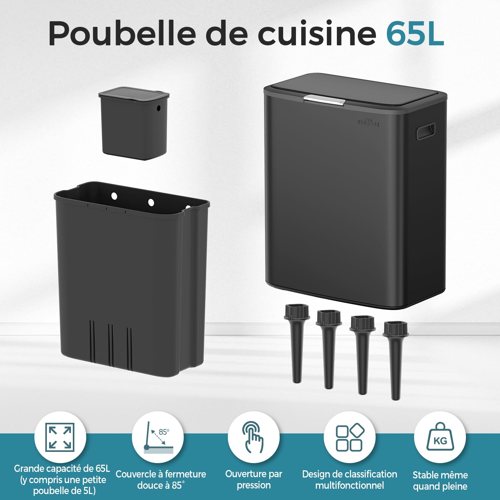 mVm Poubelle Cuisine 65L, avec Tri Sélectif Intégré, Comprend Seau Amovible, en Acier Inoxydable, Anti-traces de doigts, Support Détachable, Facile à nettoyer, Idéal pour Cuisine, Bureau et Salon