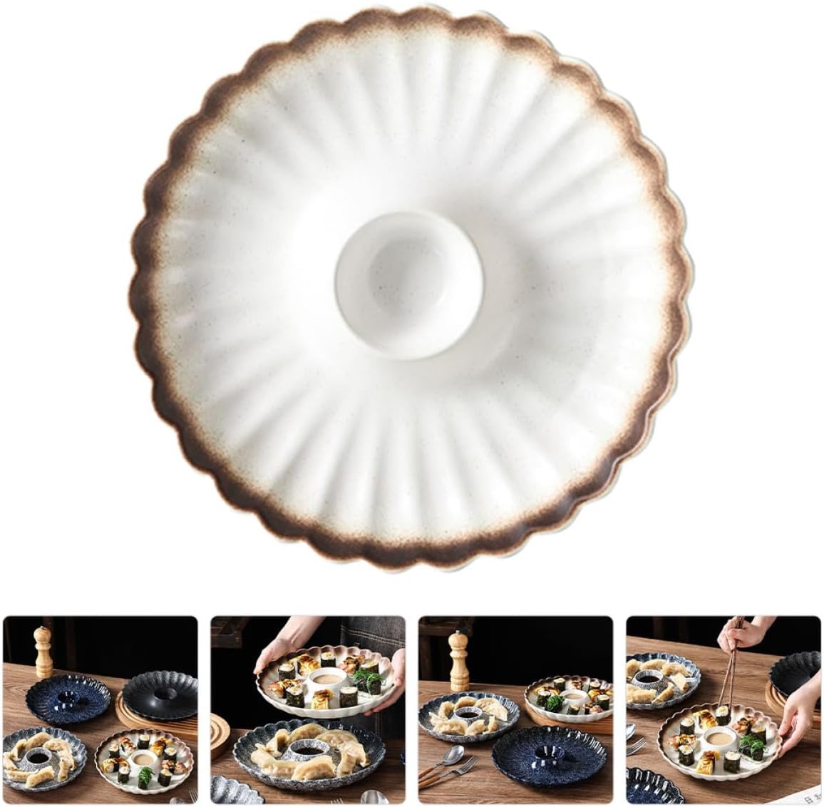 KICHOUSE Vintage Japanese Ceramic Sushi Plate Set, Dumpling Serving Dish with Golden Finish, round Creative Home Dining Platter for Sushi and Dumpling Dipping