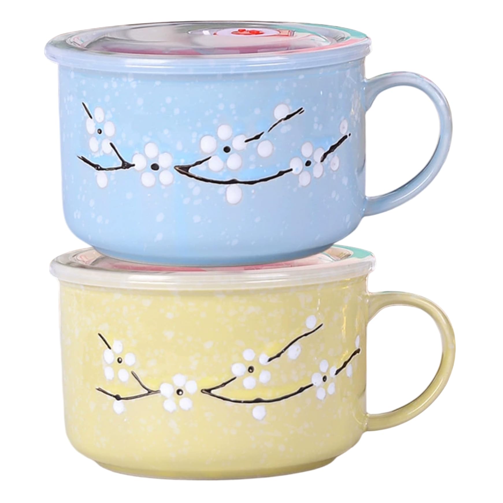 Bemonew Ceramic 2Pcs 800Ml/28Oz Wintersweet Soup Bowl With Handle Sealing Microwave Travel Mug For Ramen & Porridge