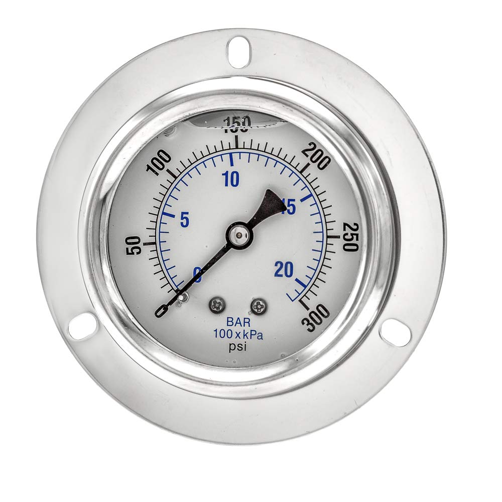PIC Gauge PRO-204L-254H - Medidor de presión industrial con tapa frontal de glicerina con caja de acero inoxidable, interior de latón, lente de plástico, tamaño de esfera de 2-1/2", macho NPT, 1/4", 0/300 psi