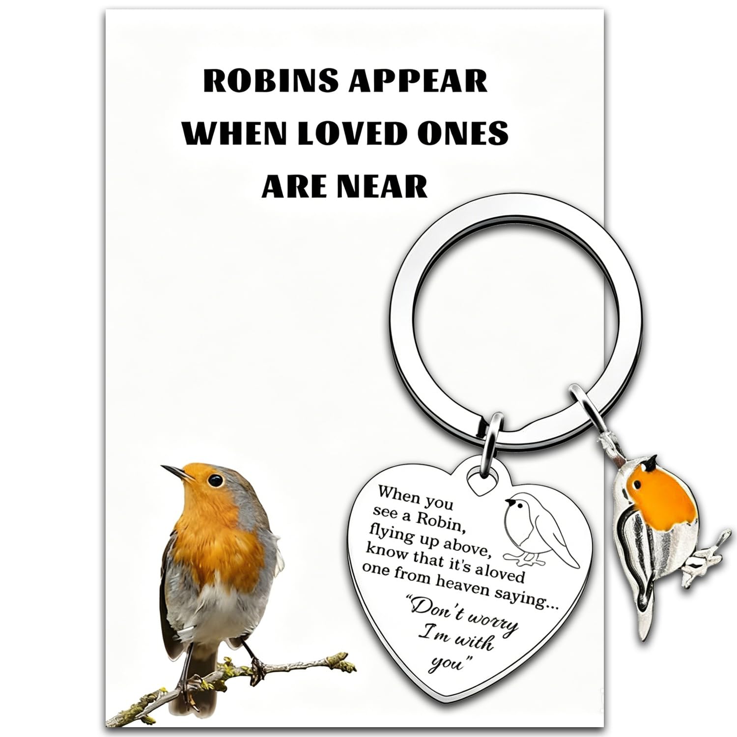 Ktjege Unisex Silver Robin Memorial Gifts, Bereavement Sympathy Gift With Robin Keyring And Card 'Robins Appear When Loved Ones Are Near'remembrance Bereavement Gifts For Loss Of Loved One, Remembrance & Condolence