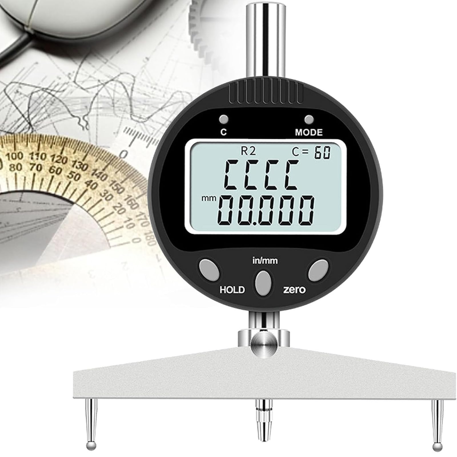 Digitales Radiusmessgerät, multifunktionales hochpräzises Werkzeug für Innenradius, Außenradius und Tiefenmessung mit 10 mm/20 mm/30 mm/60 mm/100 mm Backen