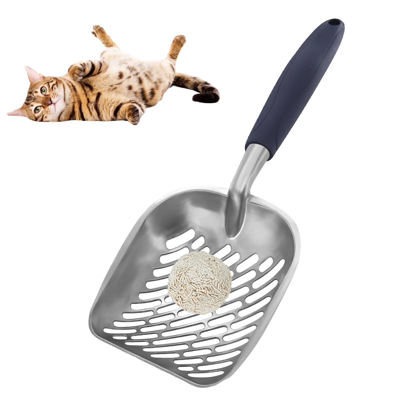 Metal Cat Litter Scoop Durable Large Litter Box Sifter with Ergonomic Long Handle and Large Holes Slot Pet Litter Shovel Easy to Clean (blue)