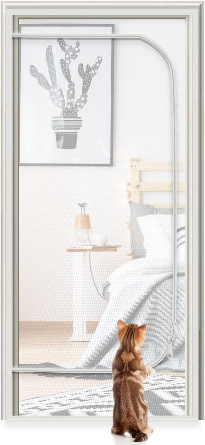 Cat Resistant Mesh Screen, 38" x 83" Cat Resistant Door Screen with Zipper Stop Cats Running Out, Thickened Cat Resistant Mesh Screen Door Pet Door Screen for Cat Pet Home Bedroom, Living Room Door