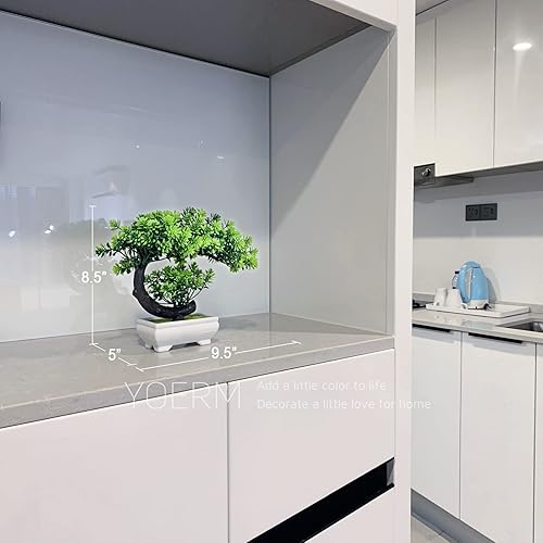 Miniatura 5 de Bonsái de escritorio de pequeñas plantas artificiales, plantas falsas de plástico verde para decoración del hogar, estantería interior, escritorio