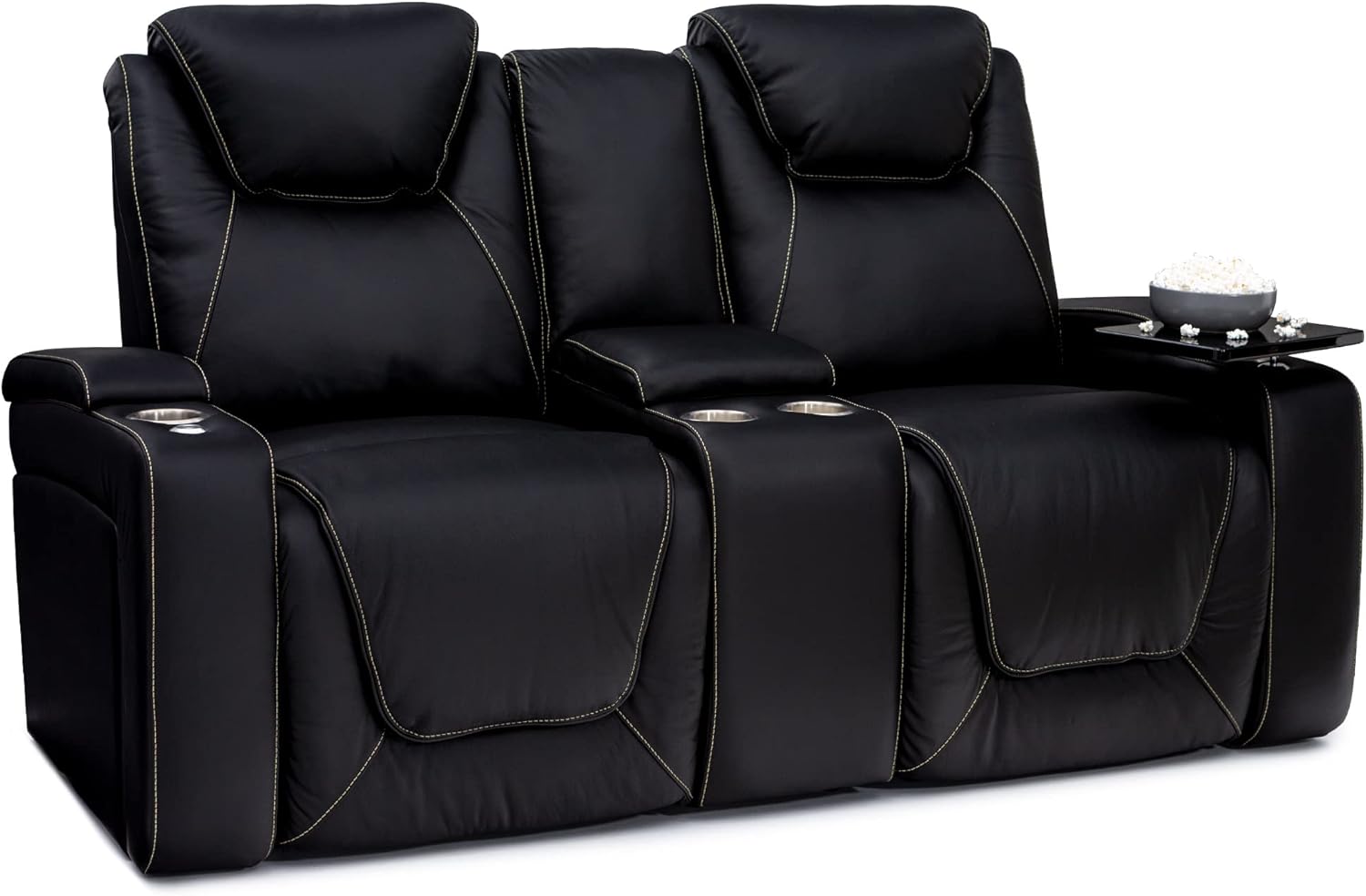 Seatcraft Concerto Heat & Massage, Italian Leather Sofa w/Fold-Down Table, Power Headrest, Power Recline, Black