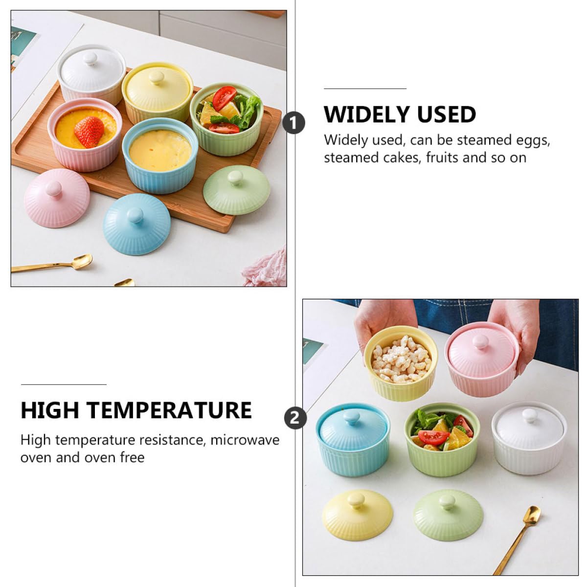 COLLBATH Juego de 5 Tazones de Cerámica para Postres y Pudín con Tapa, Colores Surtidos (,), Aptos para Horno y Microondas, Vajilla Multiusos para Repostería y Cocina Diaria
