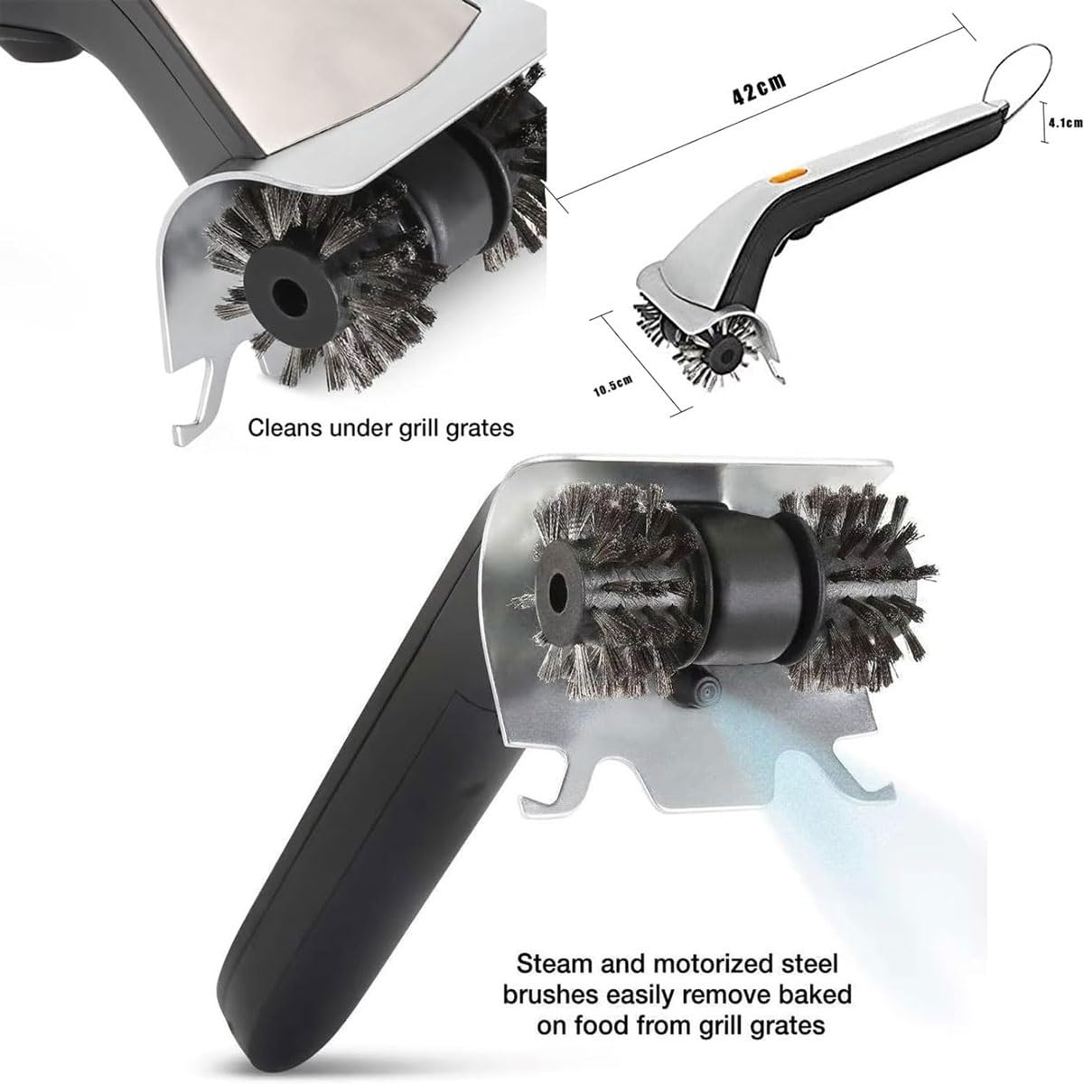 Spazzola for griglia elettrica con serbatoio dell'acqua da 500ml,spazzola pulizia barbecue ricaricabile senza fili rotante a 360° con 2 testine in acciaio inossidabile,for griglie,ripiani della cucina