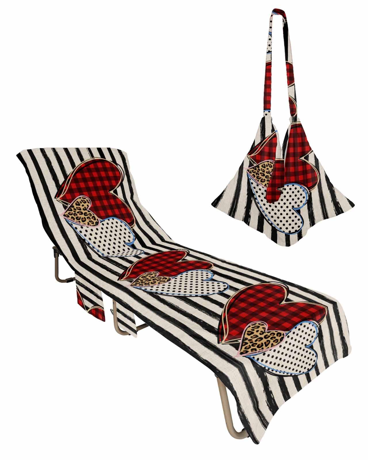 Valentine's Day Beach Chair Towel Covers for Chaise Lounge with Side Pocket, Soft Plush Pool Towels Cover for Patio Sunbathing Outdoor 29''x85'' Vintage Black Stripes Plaid Dots