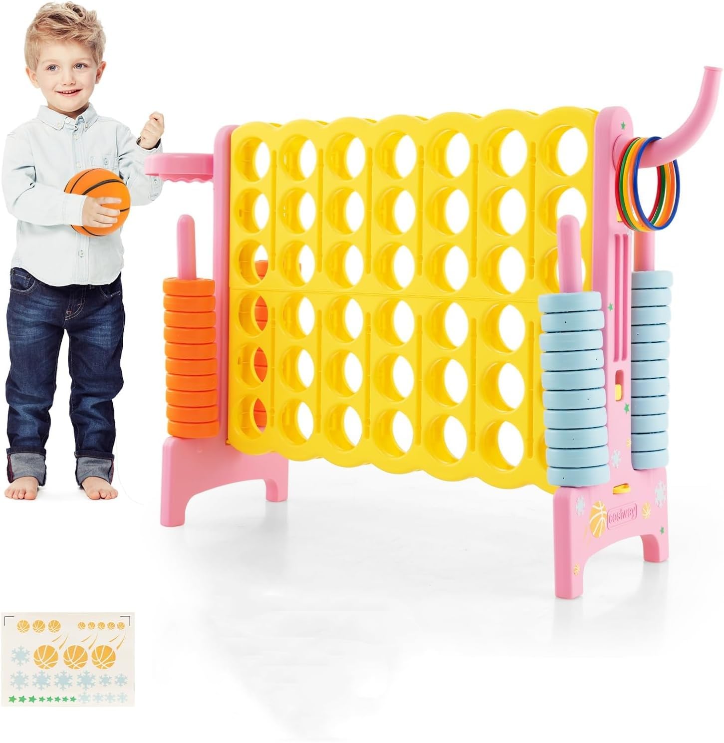 Maxmass Giant 4 in A Row, 3-in-1 Family Board Game Set with Basketball Hoop, Ring Toss, Quick-Release Slider & 42 Rings, Outdoor Jumbo 4-to-Score Game for Kids Adults (Yellow+Pink)
