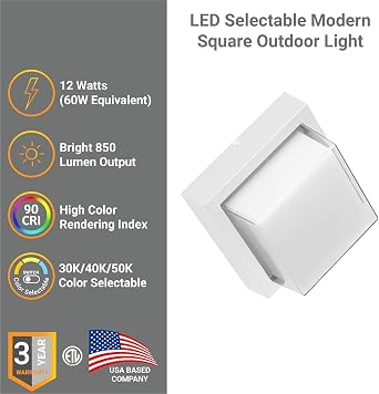 Diodesy- LED Wall Sconce Square Light Fixture White Aluminum 30K/40K/50K Color Selectable 12W (60W Equivalent) 850LM Modern Outdoor Flush Mount for Hallway Porch Entryway Garden Garage ETL Listed