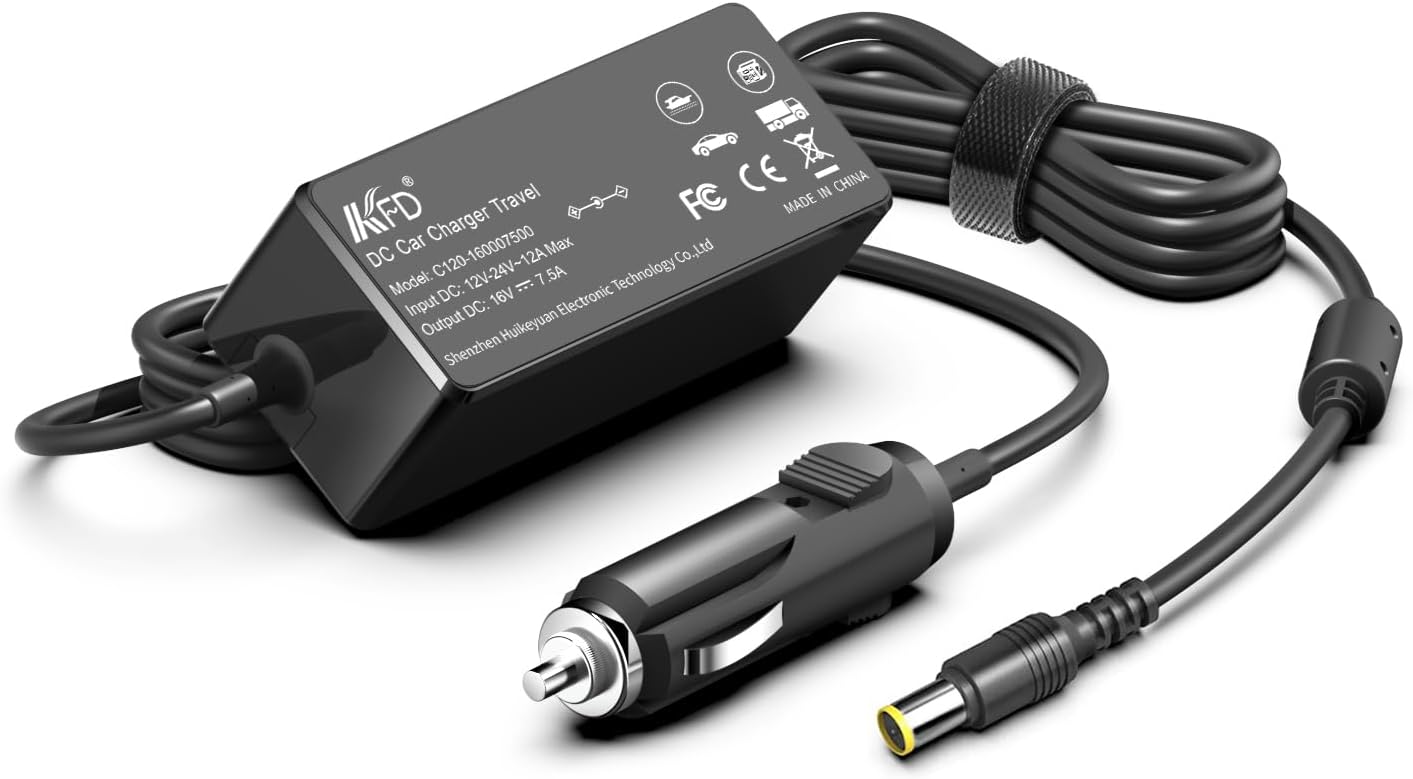 KFD Car Charger with its adapter, car plug, and DC output connector
