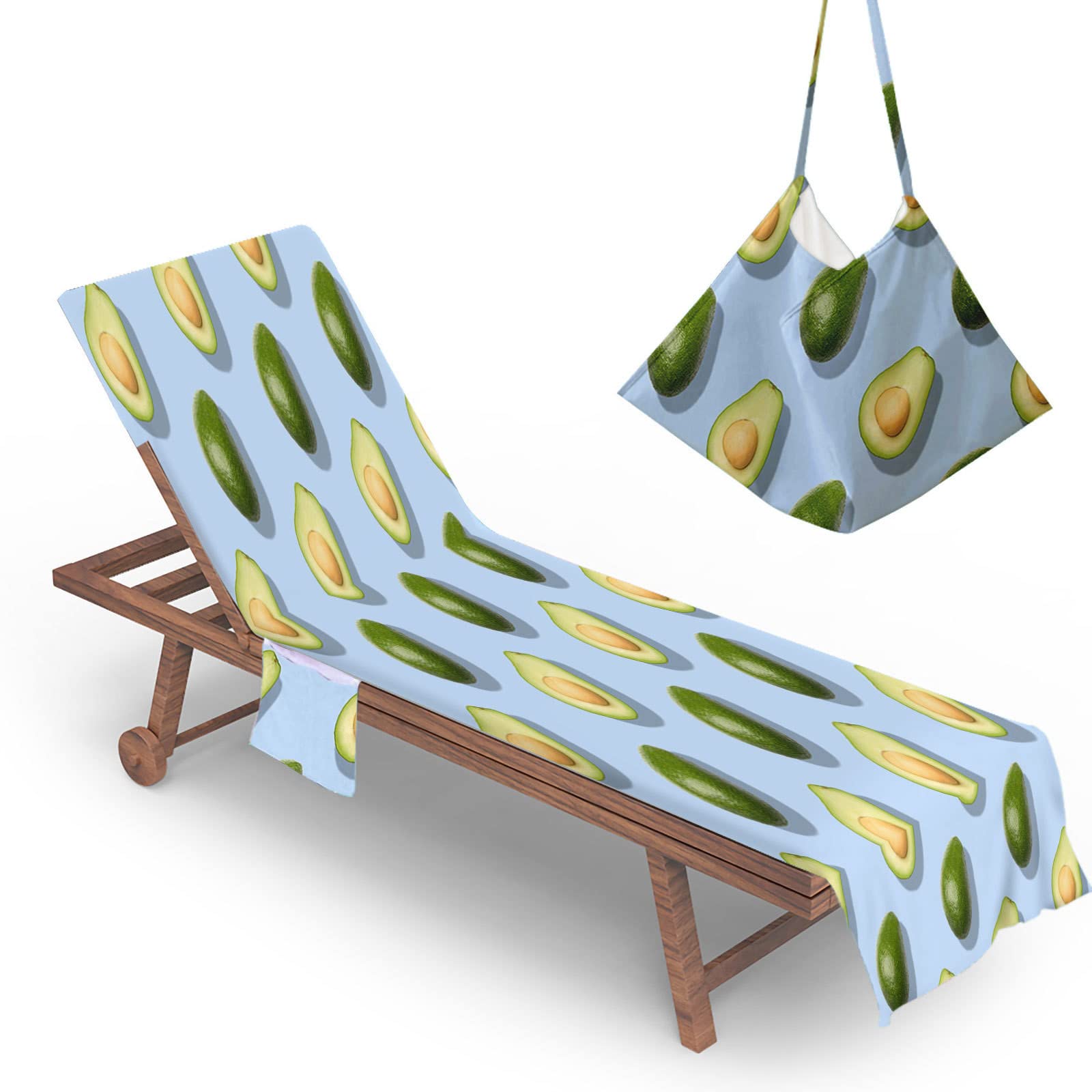 RRrawgff Beach Chair Cover Towel, Avocado Print Beach Towel Lounger Bags with Pockets Sunbed Towels Fitted Microfiber Sun Lounger Towels for Summer Outdoor Garden Pool Vacation (Avocado Pits)